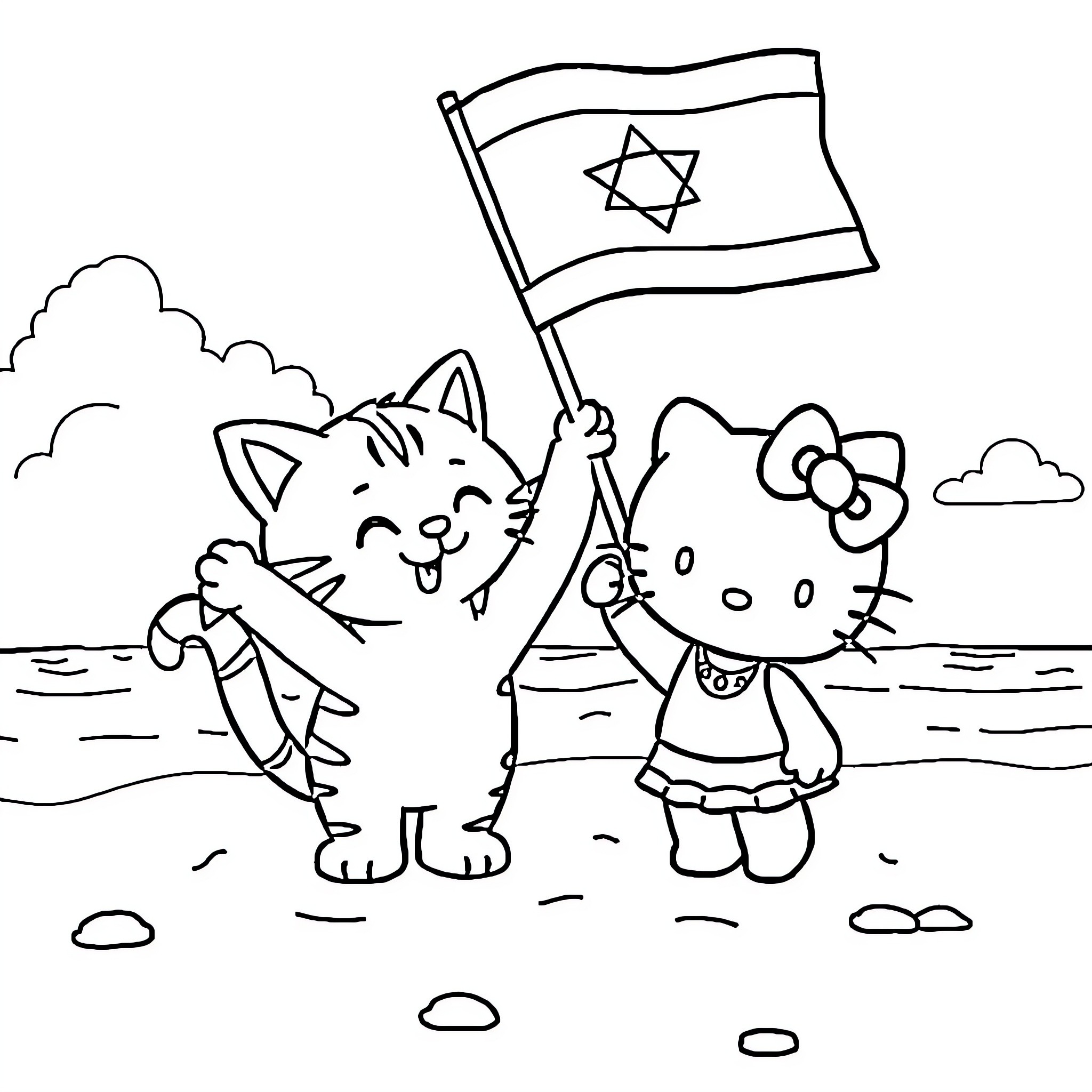 Cats celebrating Israel with flag Coloring Page (free black-and-white line drawing printable PDF for all, from beginners to advanced learners, including children, teens, adults, and seniors)