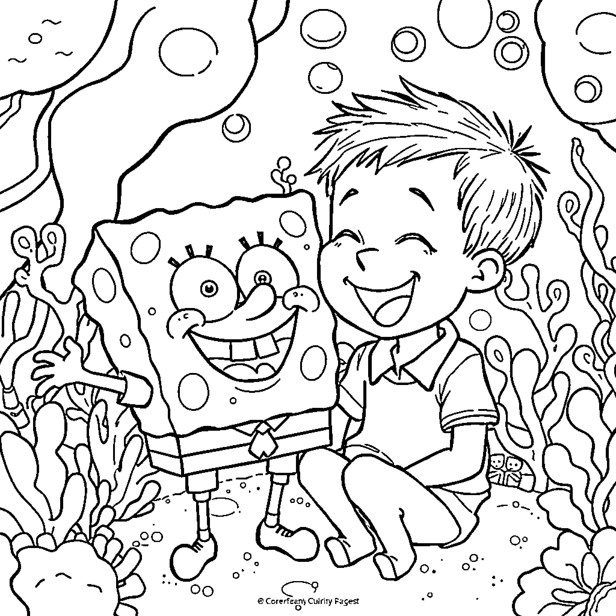 Spongebob and Friend in an Underwater Adventure Coloring Page (free black-and-white line drawing printable PDF for all, from beginners to advanced learners, including children, teens, adults, and seniors)