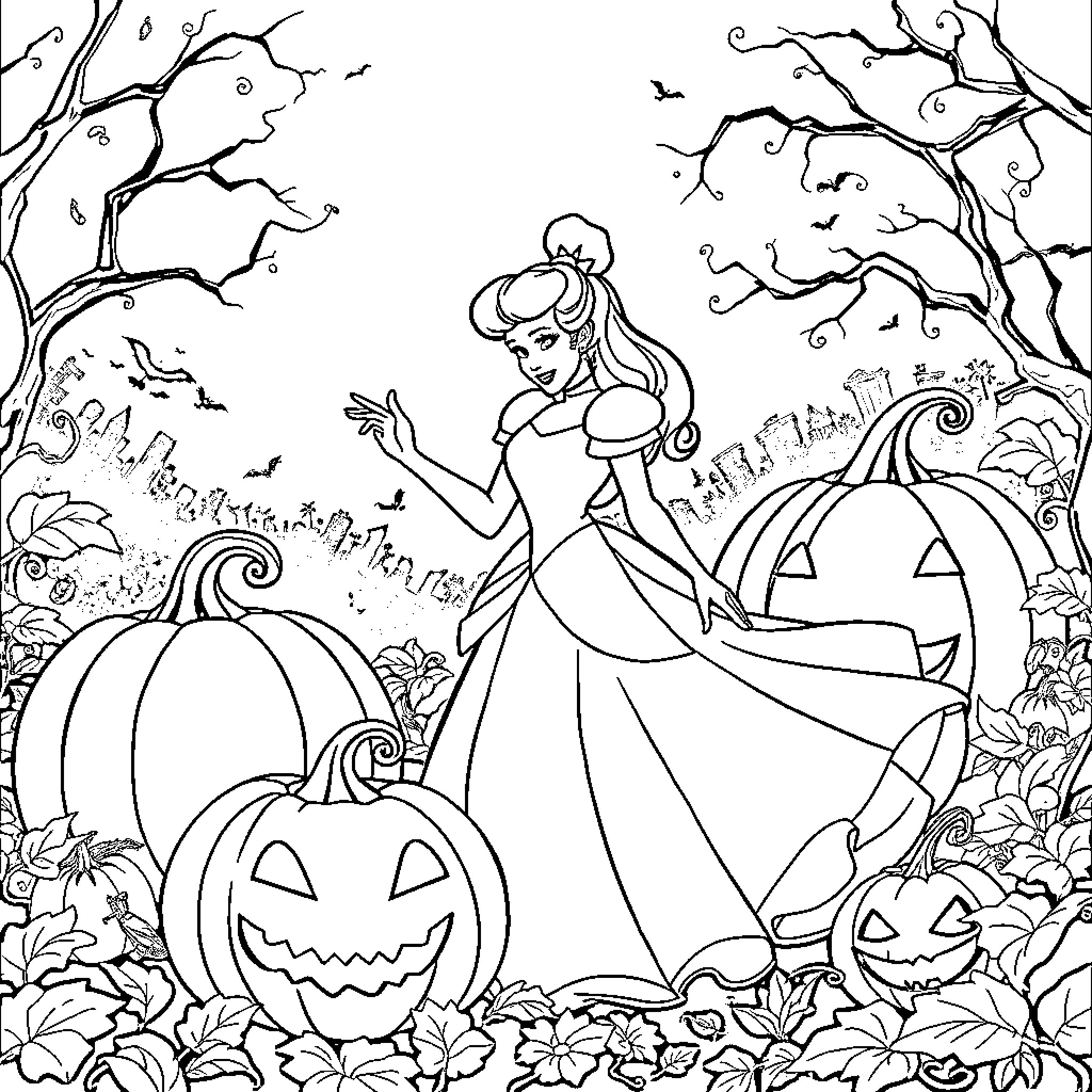 Cinderella's Enchanted Halloween Celebration Coloring Page (free black-and-white line drawing printable PDF for all, from beginners to advanced learners, including children, teens, adults, and seniors)