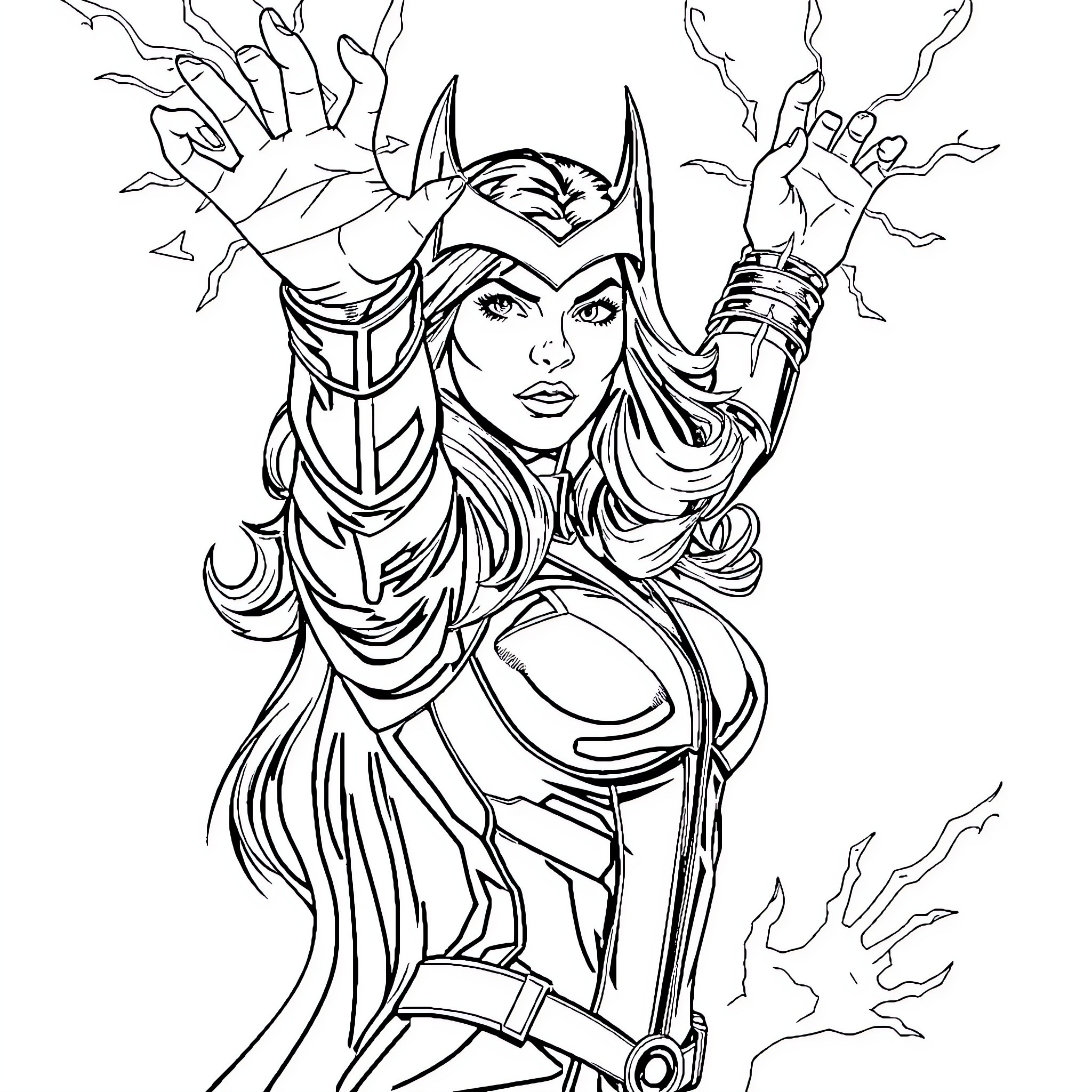 Scarlet Witch unleashing powerful magical energies Coloring Page (free black-and-white line drawing printable PDF for all, from beginners to advanced learners, including children, teens, adults, and seniors)