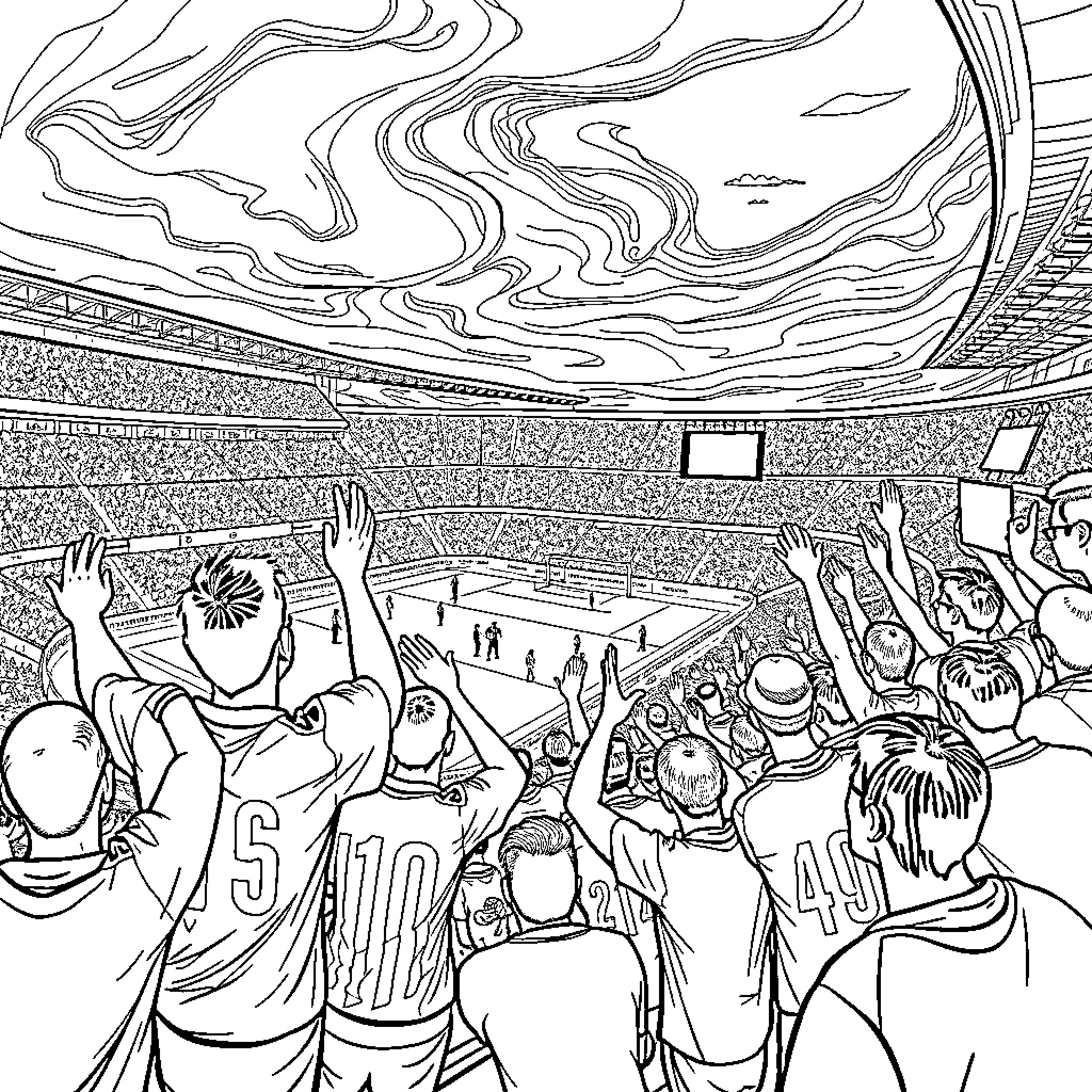 Valencia CF crowd cheering and celebrating in stadium Coloring Page (free black-and-white line drawing printable PDF for all, from beginners to advanced learners, including children, teens, adults, and seniors)