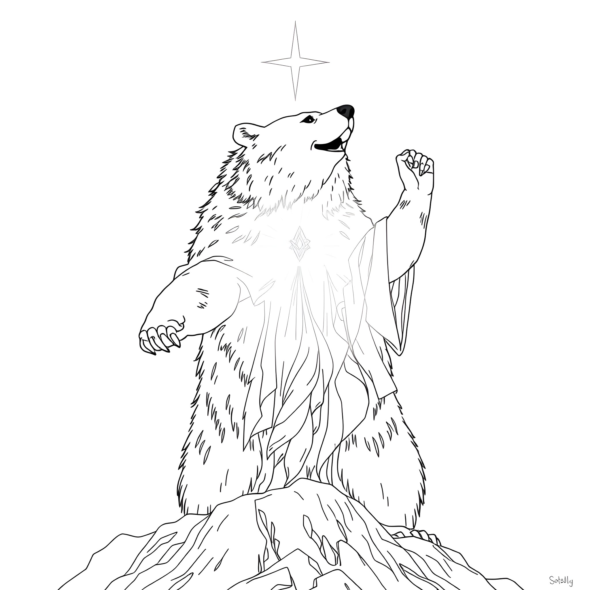 Bear howling towards a bright star in the night Coloring Page (free black-and-white line drawing printable PDF for all, from beginners to advanced learners, including children, teens, adults, and seniors)