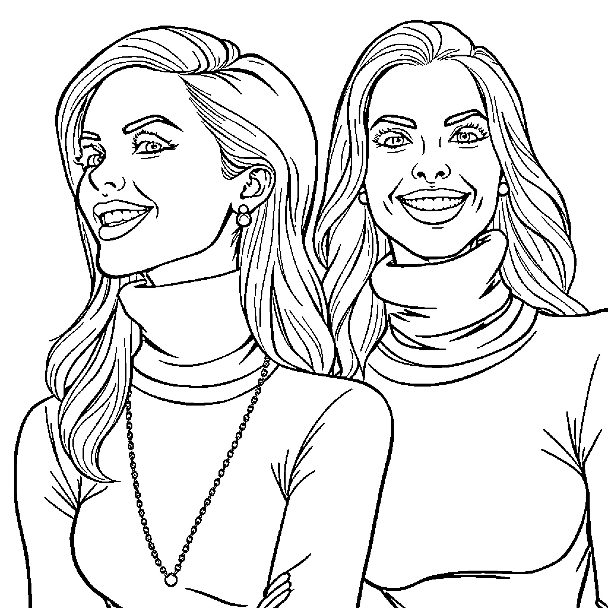 Wife's happy expressions and stylish outfits Coloring Page (free black-and-white line drawing printable PDF for all, from beginners to advanced learners, including children, teens, adults, and seniors)