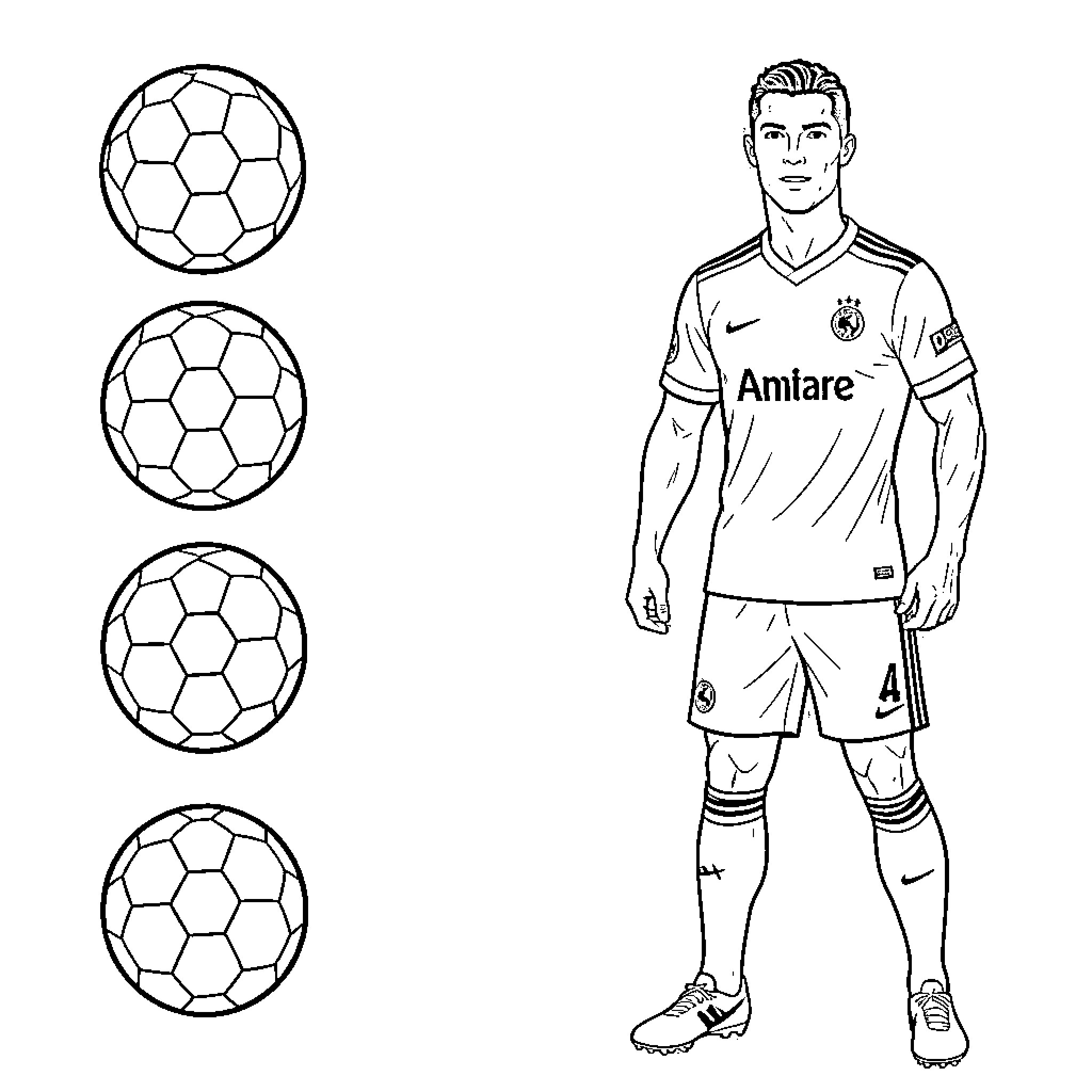 Cristiano Ronaldo standing in soccer kit with footballs Coloring Page (free black-and-white line drawing printable PDF for all, from beginners to advanced learners, including children, teens, adults, and seniors)