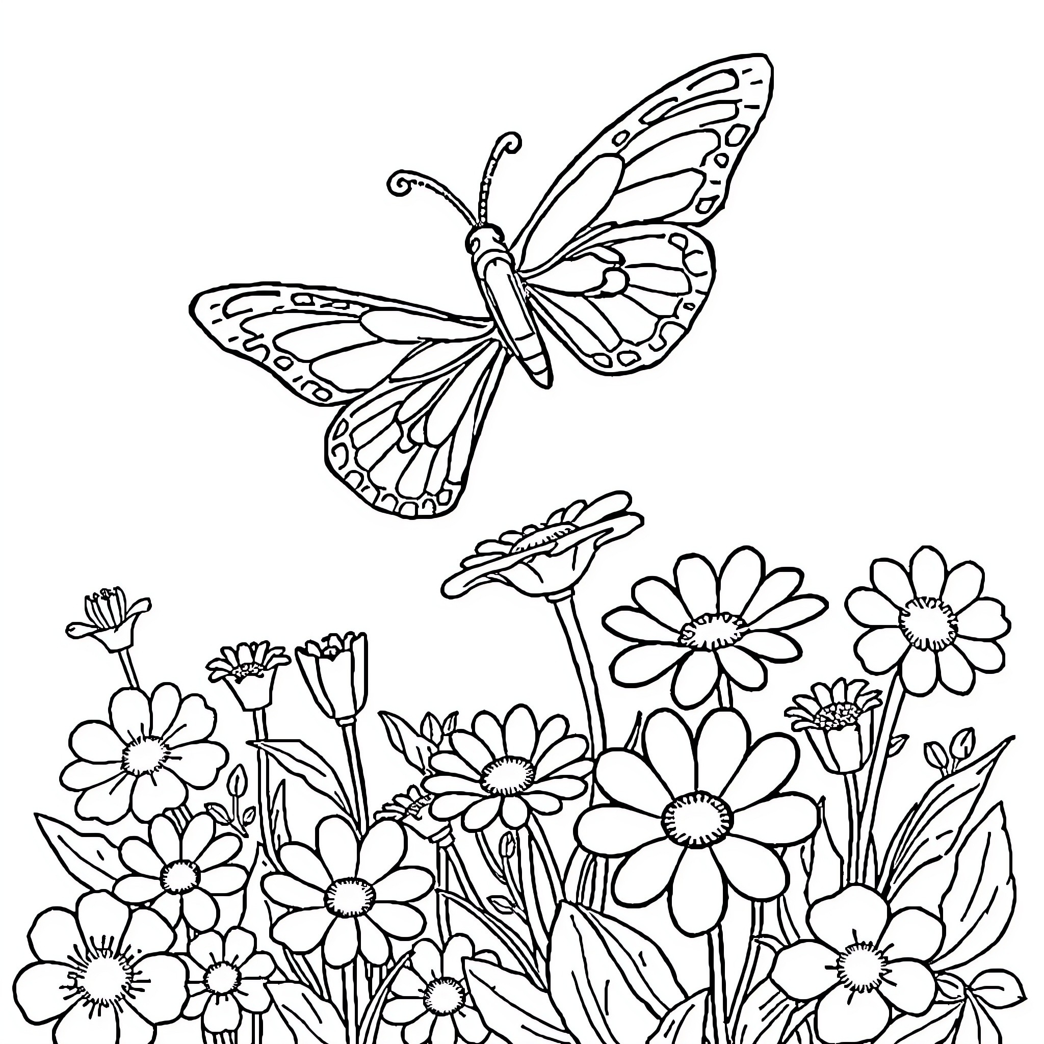 Butterfly flying among vibrant flowers Coloring Page (free black-and-white line drawing printable PDF for all, from beginners to advanced learners, including children, teens, adults, and seniors)