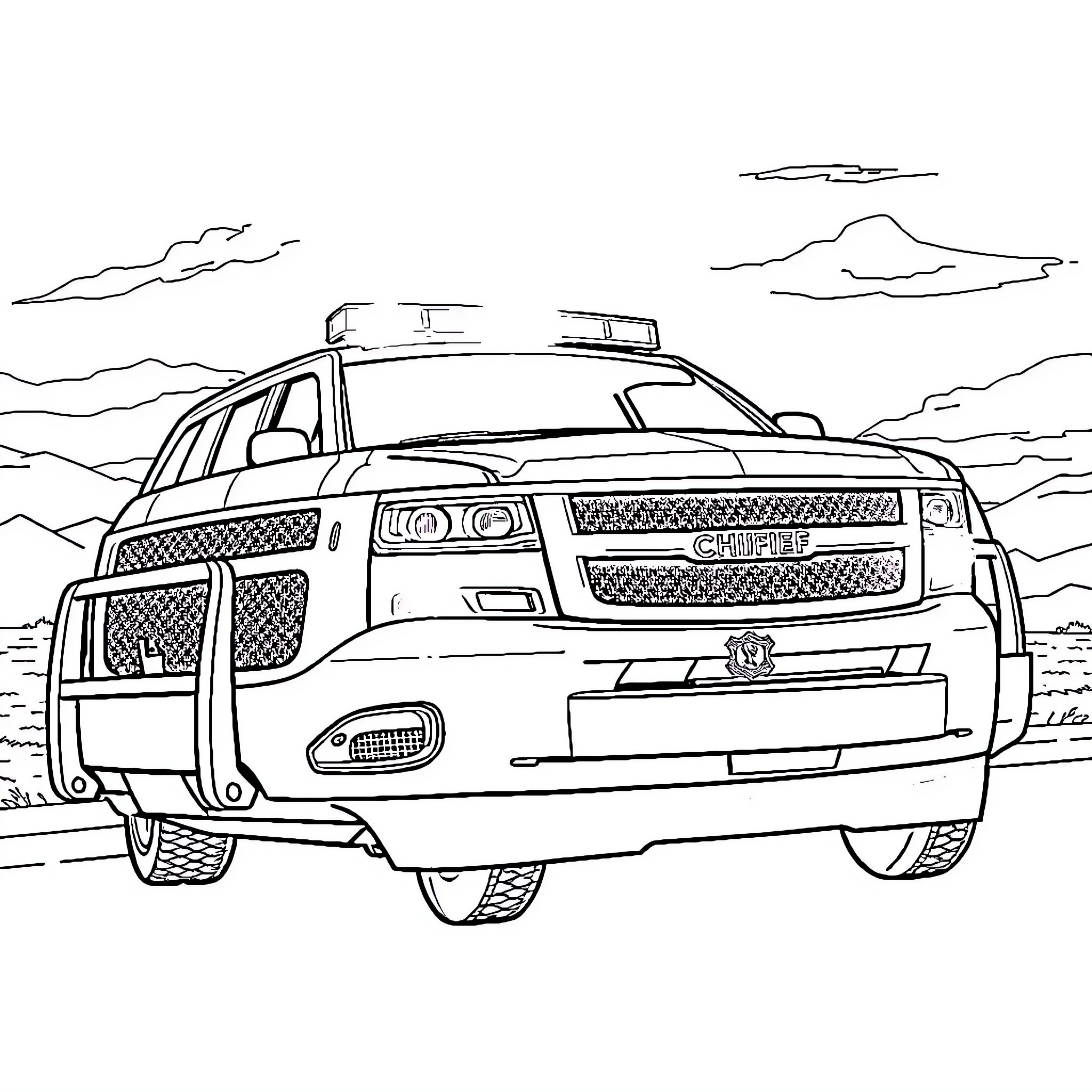 Tahoe police cruiser in action Coloring Page (free black-and-white line drawing printable PDF for all, from beginners to advanced learners, including children, teens, adults, and seniors)