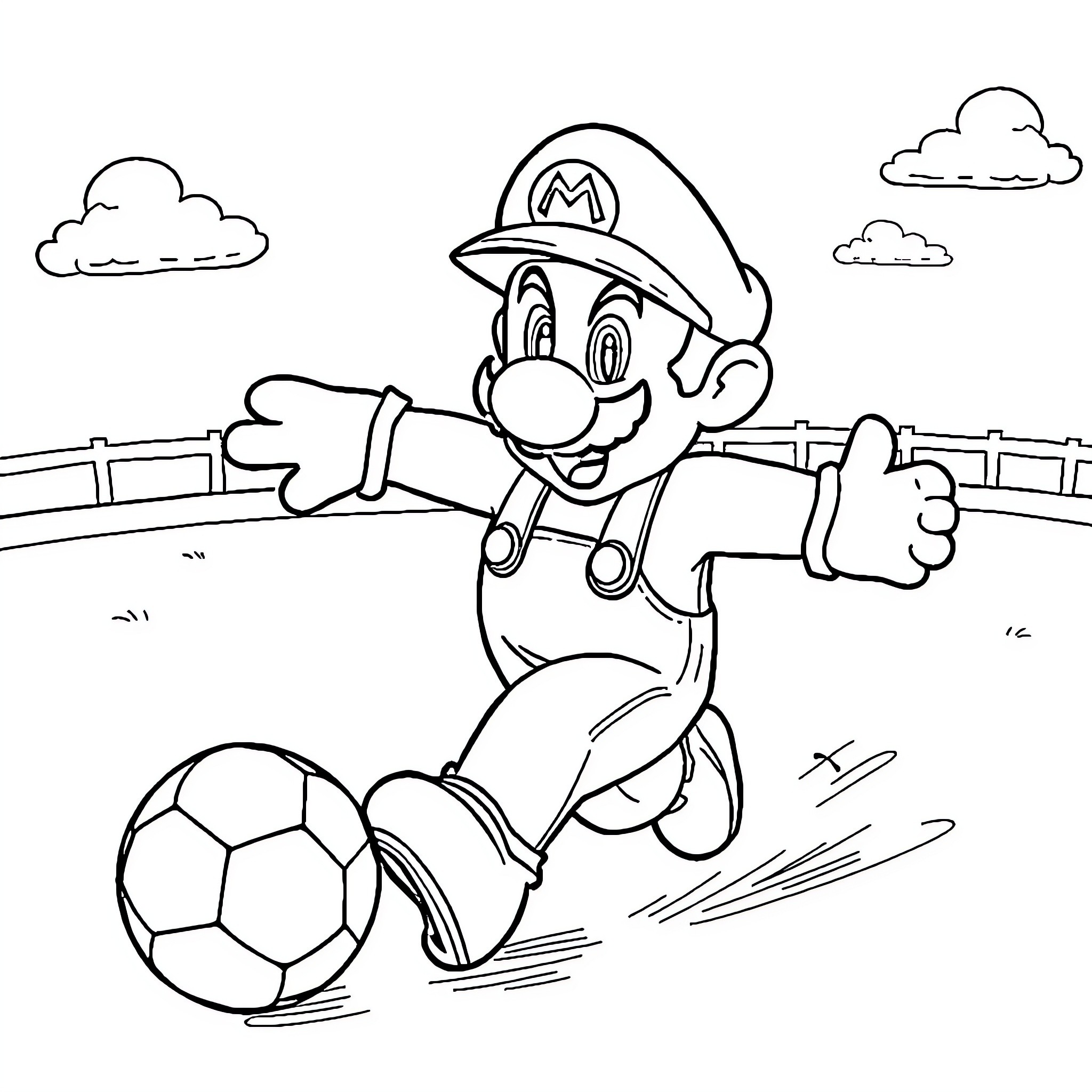 Super Mario kicking a soccer ball on the field Coloring Page (free black-and-white line drawing printable PDF for all, from beginners to advanced learners, including children, teens, adults, and seniors)