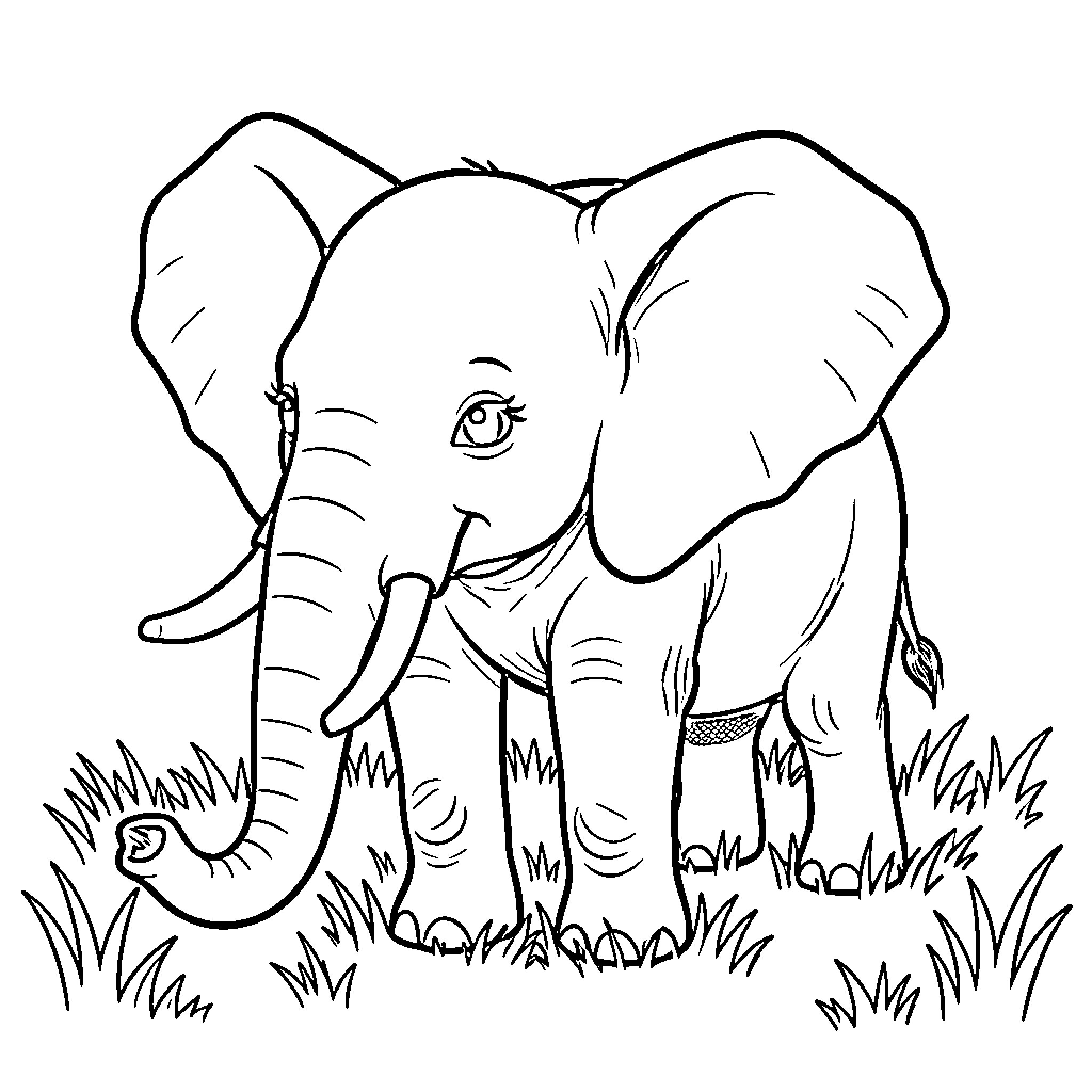 Baby Elephant standing peacefully in the tall grass Coloring Page (free black-and-white line drawing printable PDF for all, from beginners to advanced learners, including children, teens, adults, and seniors)