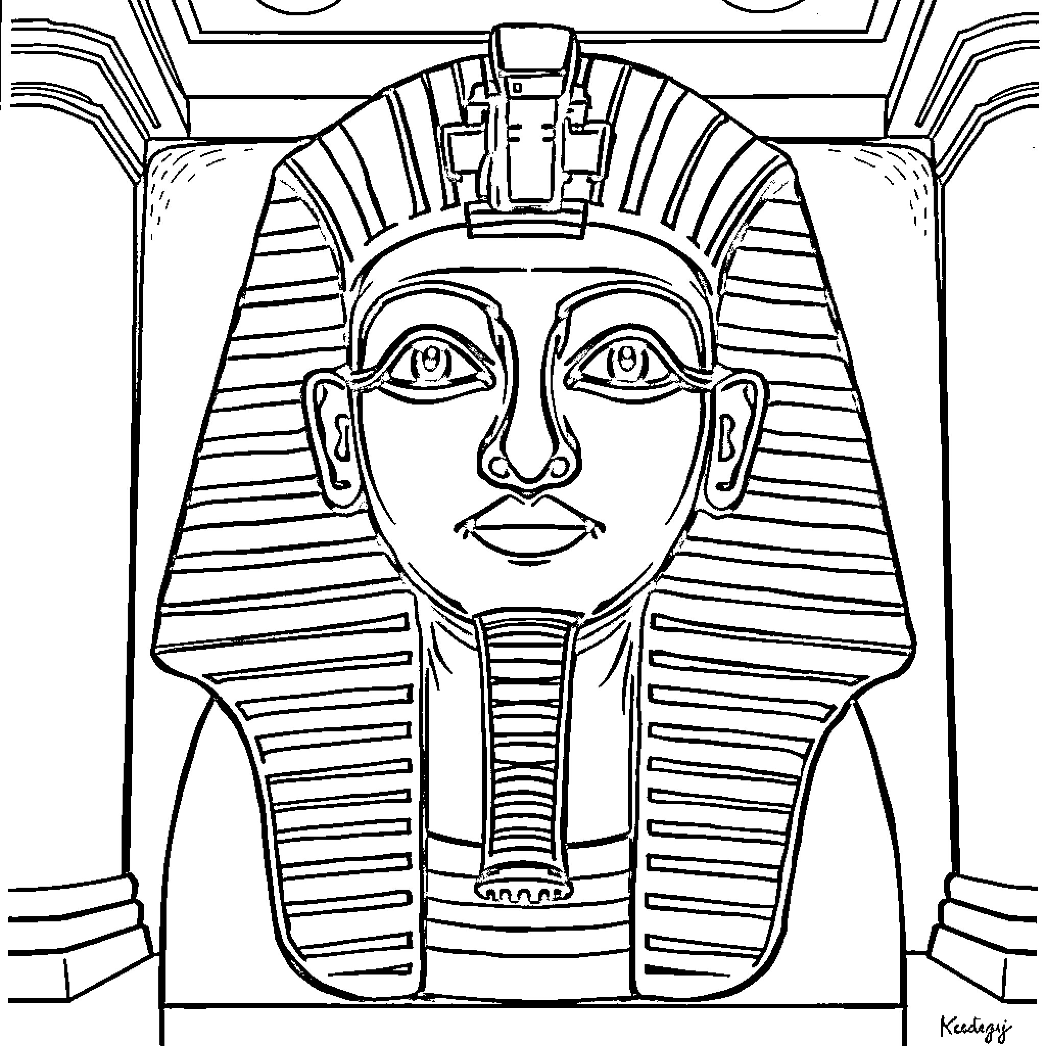 Tutankhamun's Iconic Pharaonic Mask Coloring Page (free black-and-white line drawing printable PDF for all, from beginners to advanced learners, including children, teens, adults, and seniors)