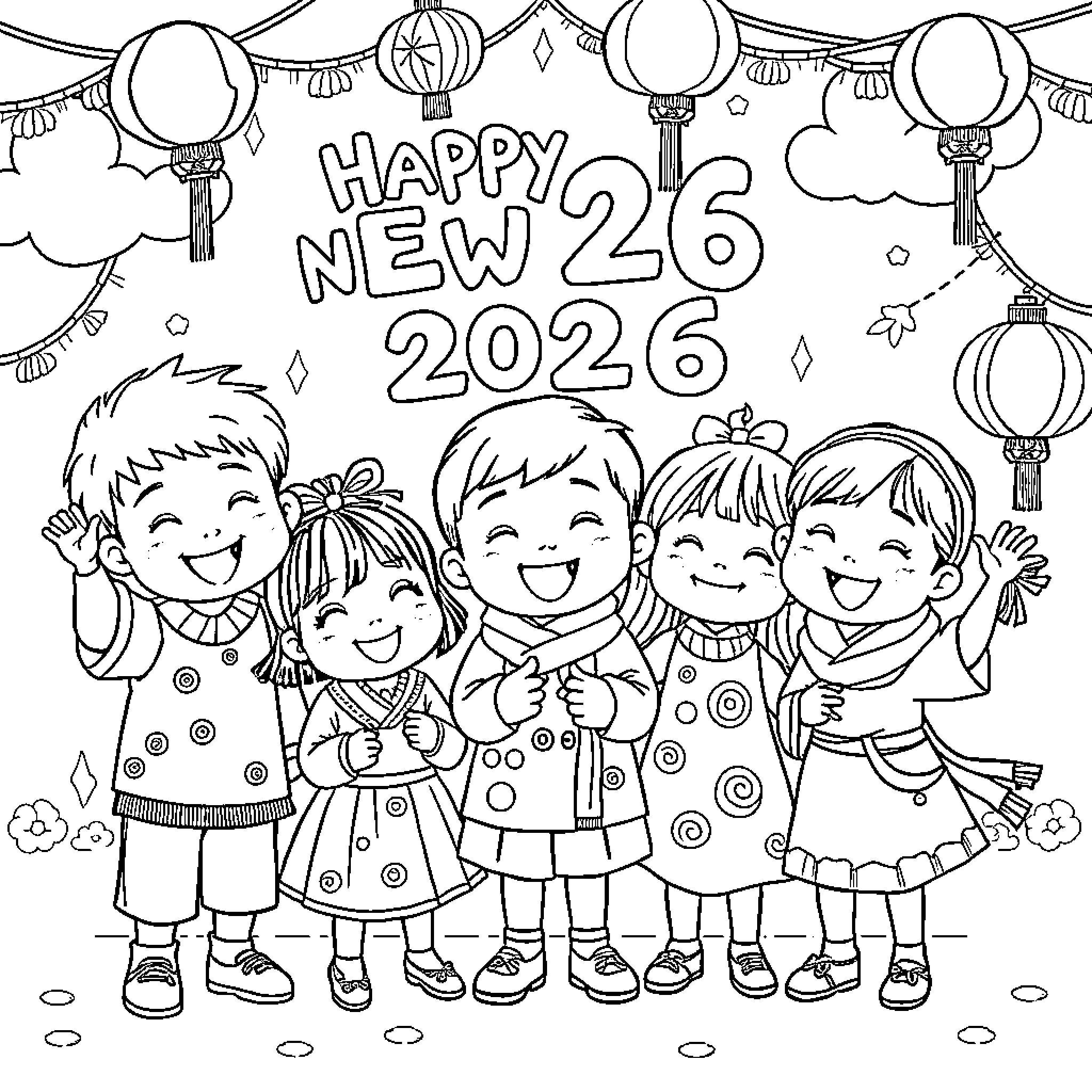 Children celebrating the new year 2026 together Coloring Page (free black-and-white line drawing printable PDF for all, from beginners to advanced learners, including children, teens, adults, and seniors)