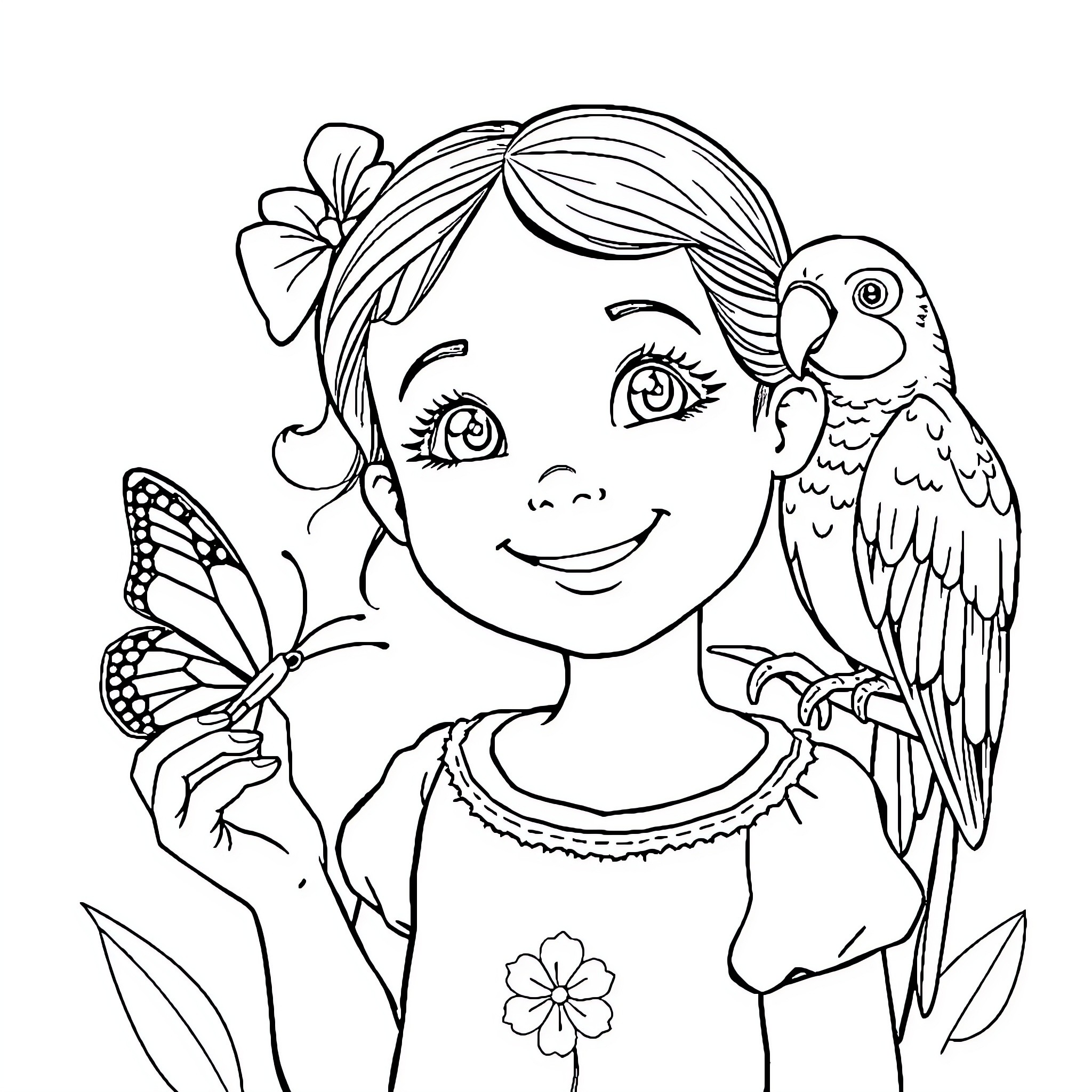 Girl with a pet parrot and flowers Coloring Page (free black-and-white line drawing printable PDF for all, from beginners to advanced learners, including children, teens, adults, and seniors)