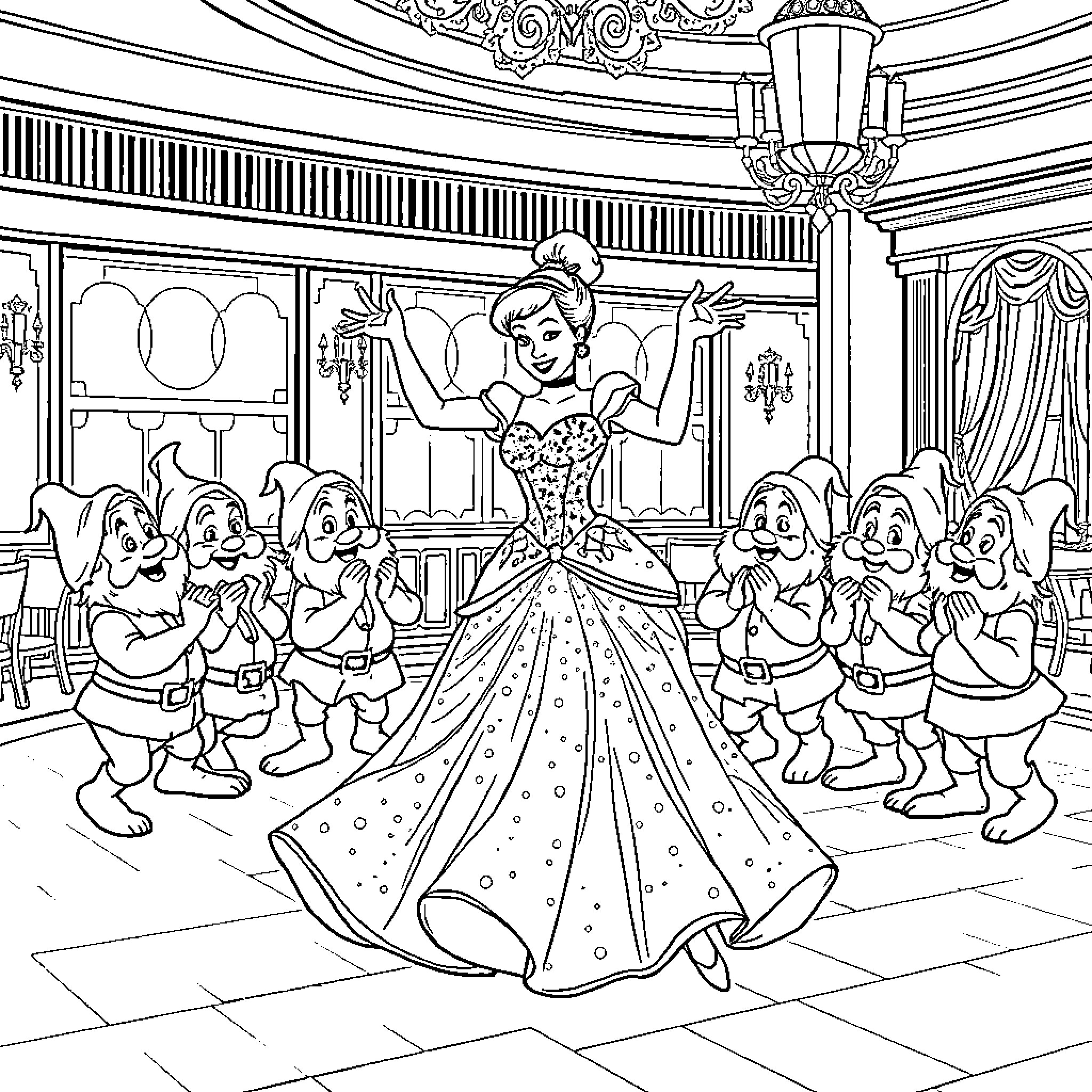 Cinderella dances joyfully with the Seven Dwarfs in a grand ballroom Coloring Page (free black-and-white line drawing printable PDF for all, from beginners to advanced learners, including children, teens, adults, and seniors)