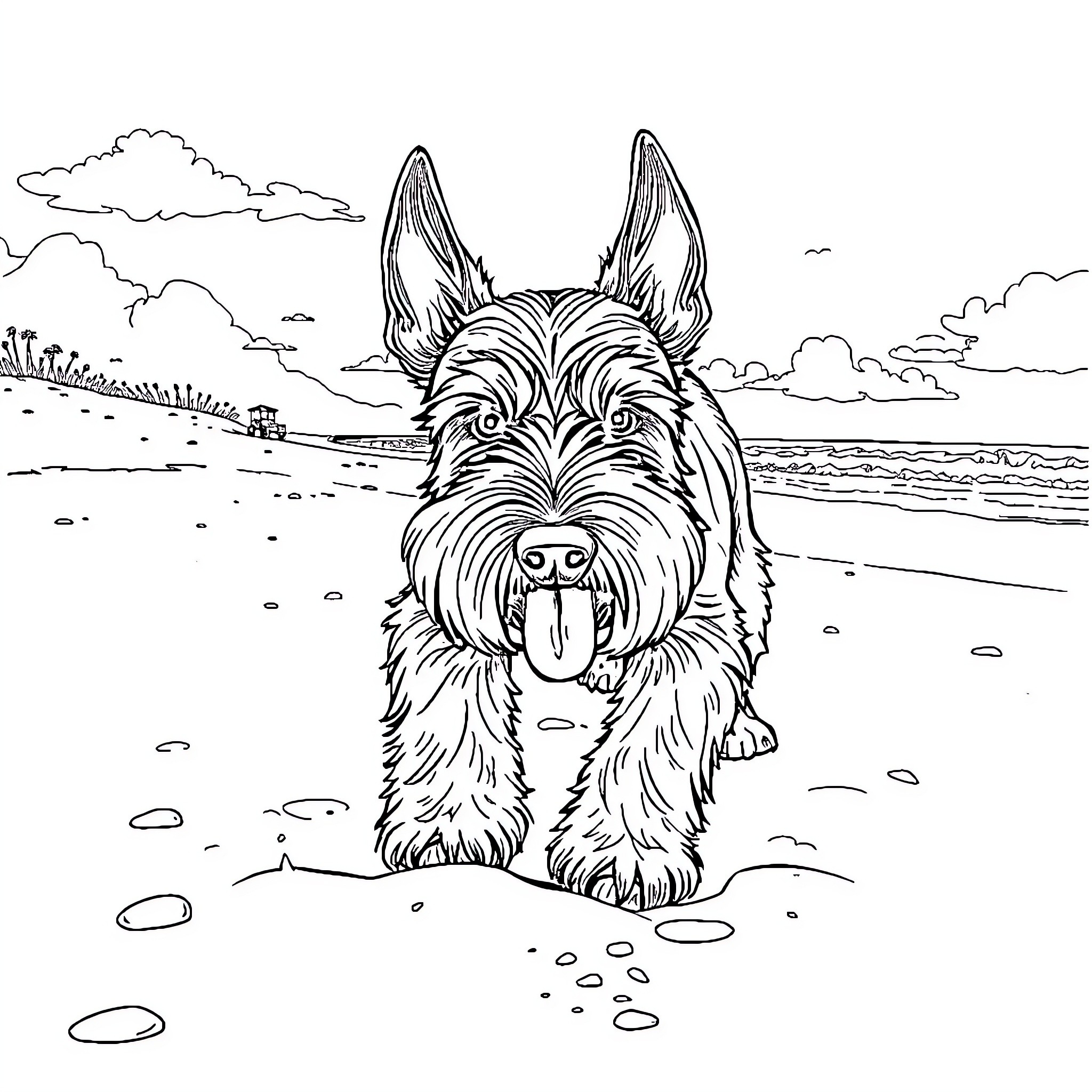 Schnauzer enjoying a day at the beach Coloring Page (free black-and-white line drawing printable PDF for all, from beginners to advanced learners, including children, teens, adults, and seniors)