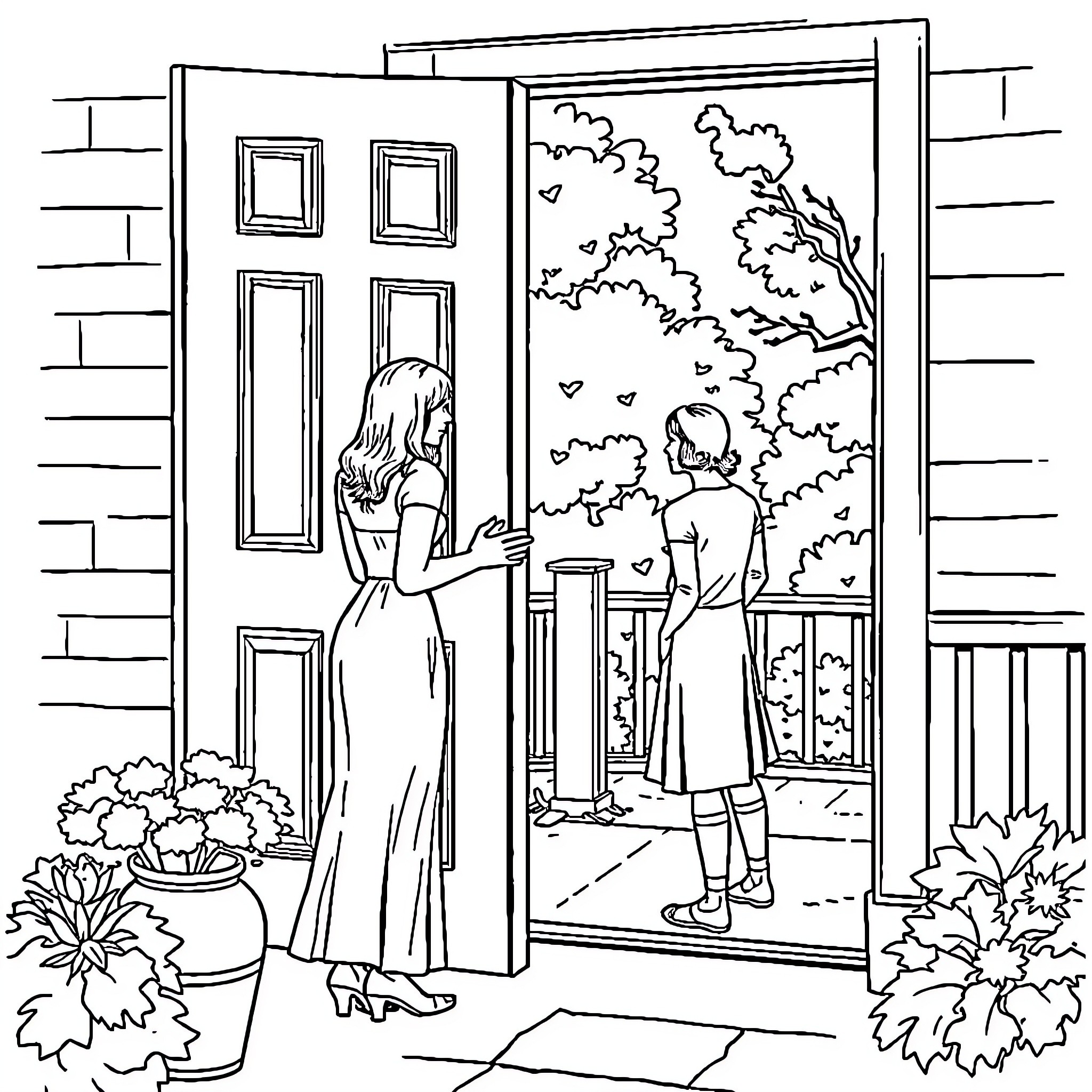 Woman greeting visitors at the door of a home Coloring Page (free black-and-white line drawing printable PDF for all, from beginners to advanced learners, including children, teens, adults, and seniors)