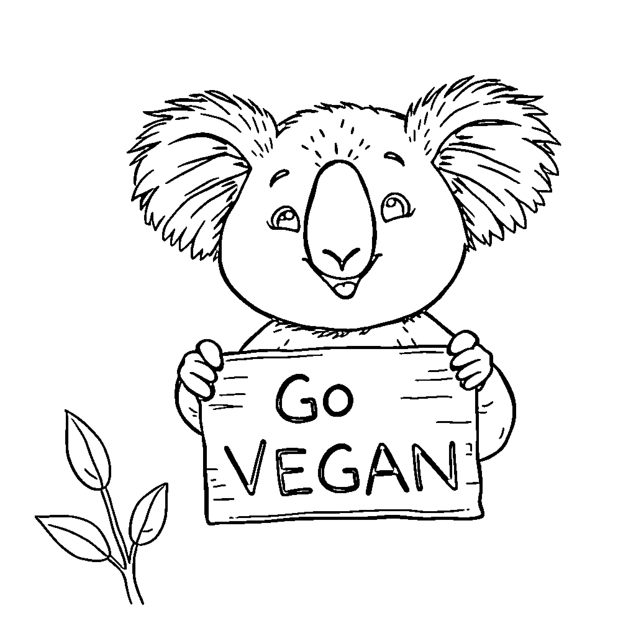 Koala holding a 'Go Vegan' sign Coloring Page (free black-and-white line drawing printable PDF for all, from beginners to advanced learners, including children, teens, adults, and seniors)
