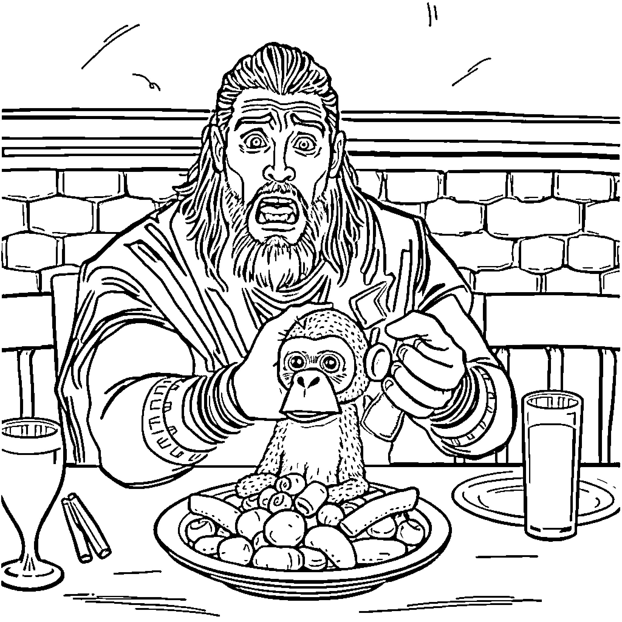 Roman Reigns Enjoying a Hearty Meal with Companion Coloring Page (free black-and-white line drawing printable PDF for all, from beginners to advanced learners, including children, teens, adults, and seniors)