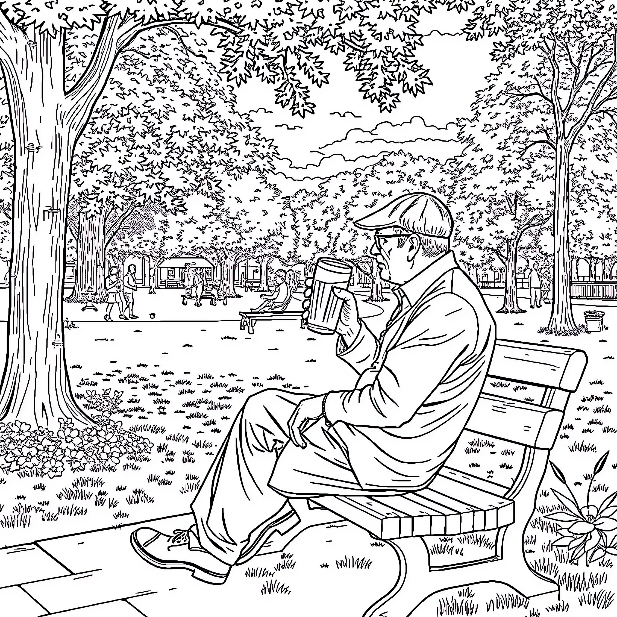 Man enjoying beverage on park bench on a sunny day Coloring Page (free black-and-white line drawing printable PDF for all, from beginners to advanced learners, including children, teens, adults, and seniors)