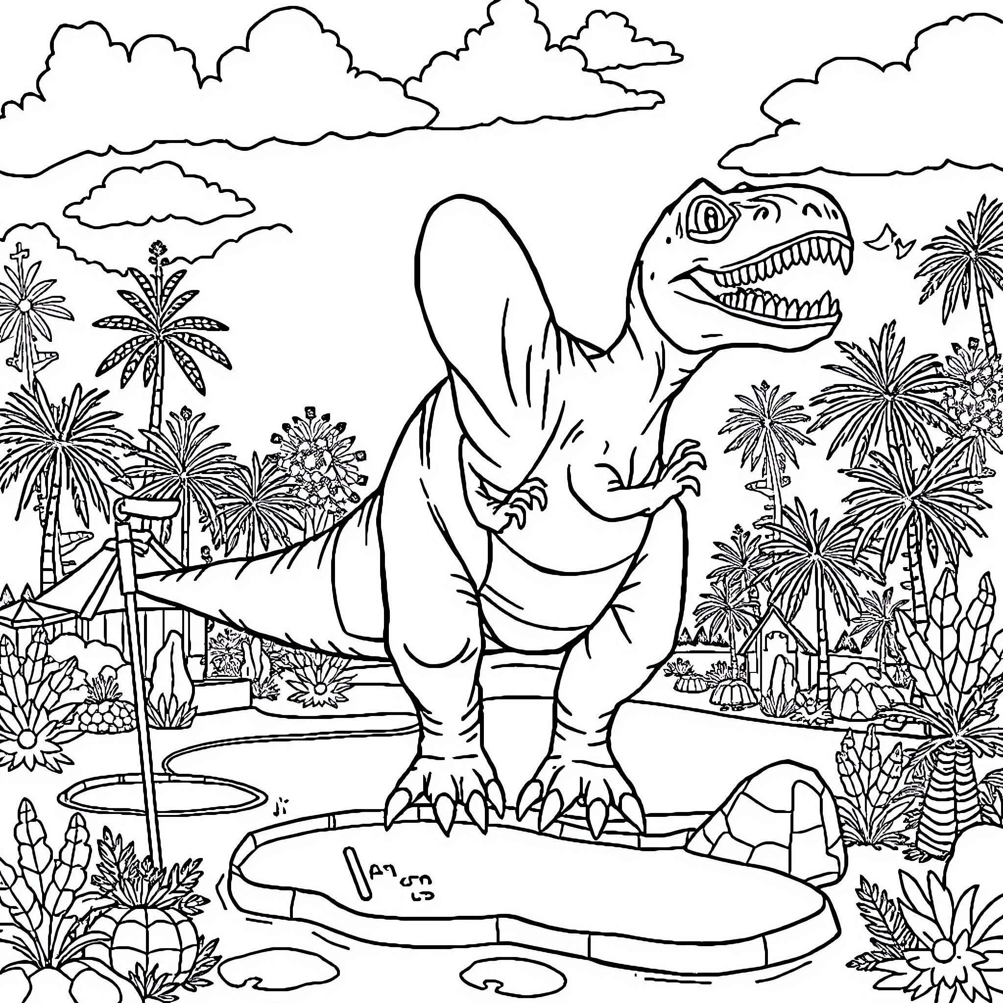 Tyrannosaurus Rex exploring lush prehistoric landscape Coloring Page (free black-and-white line drawing printable PDF for all, from beginners to advanced learners, including children, teens, adults, and seniors)