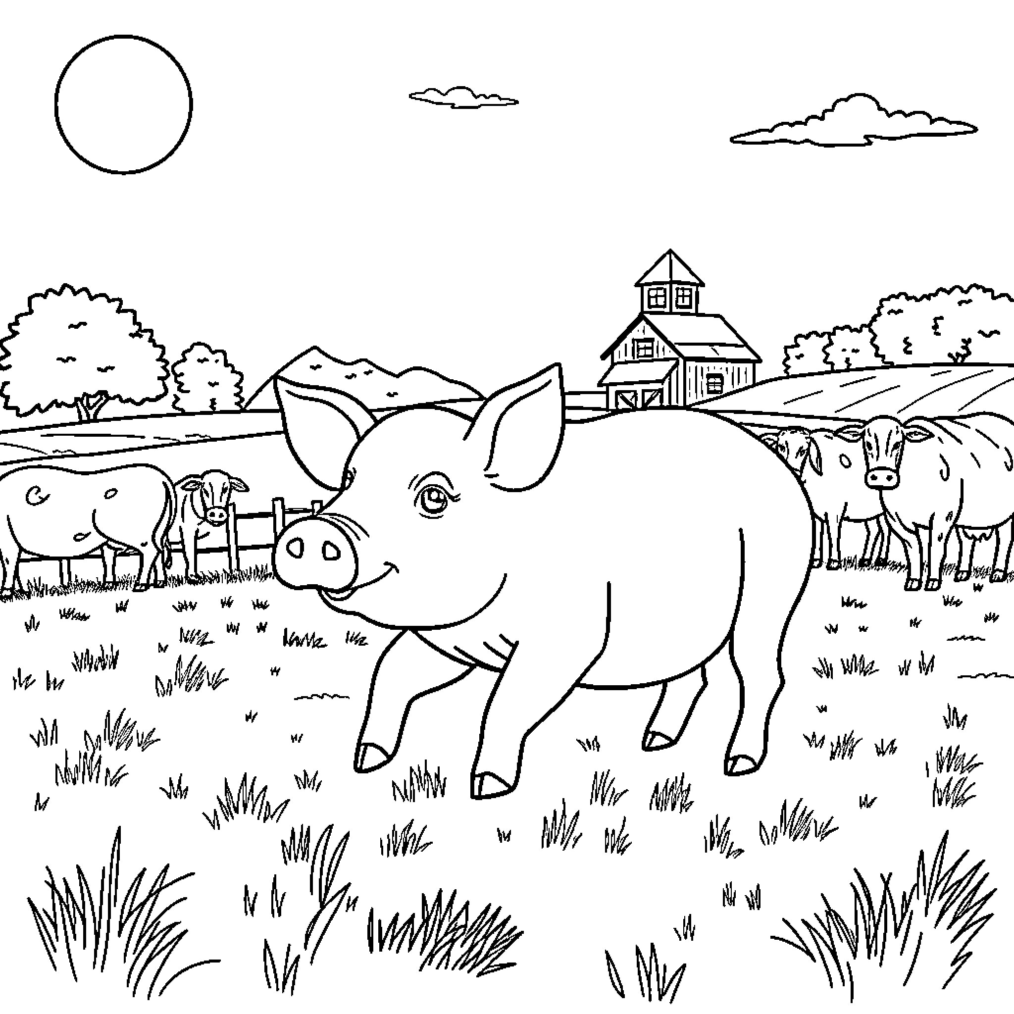 Pig enjoying a day on the farm Coloring Page (free black-and-white line drawing printable PDF for all, from beginners to advanced learners, including children, teens, adults, and seniors)