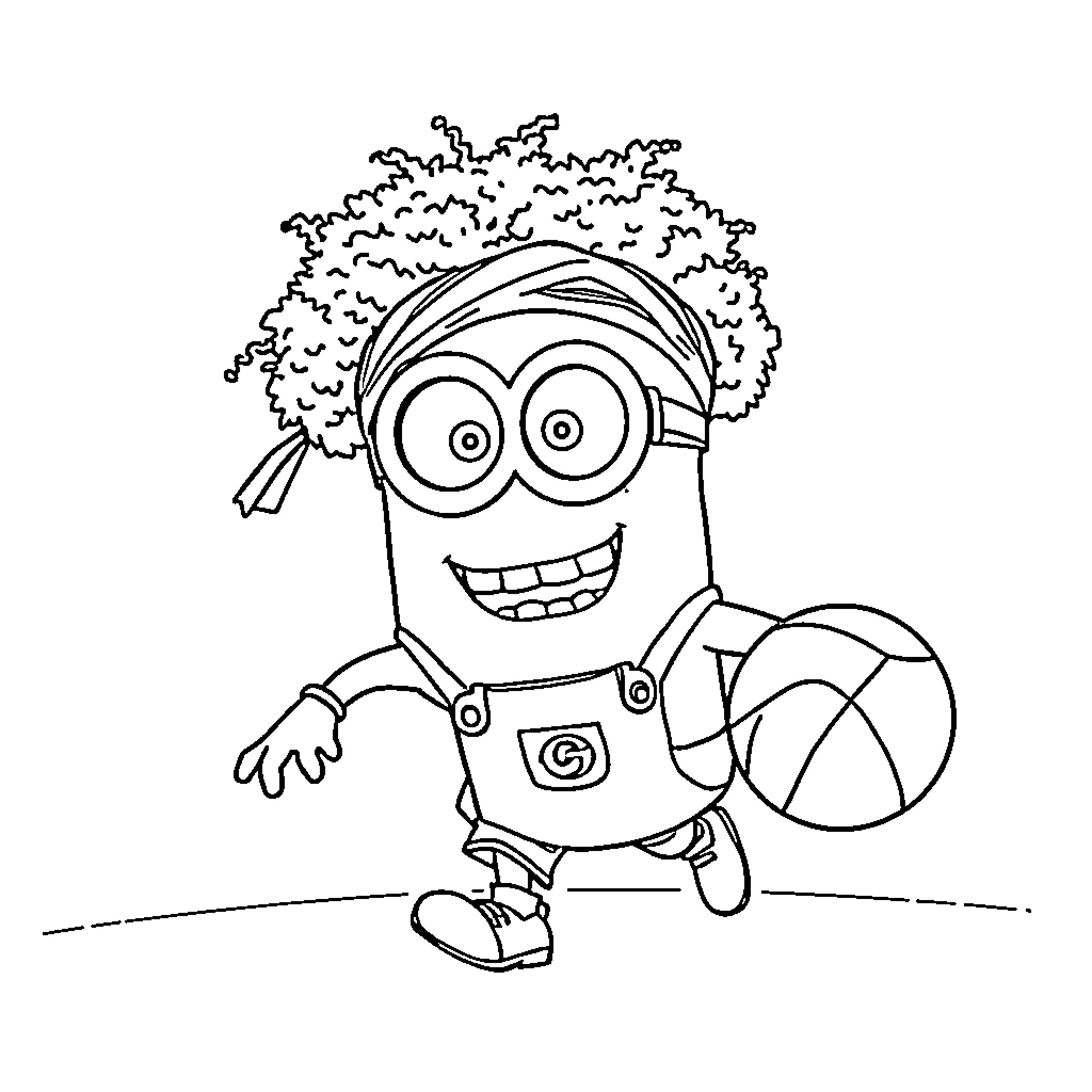 Minion playing happily with a basketball Coloring Page (free black-and-white line drawing printable PDF for all, from beginners to advanced learners, including children, teens, adults, and seniors)