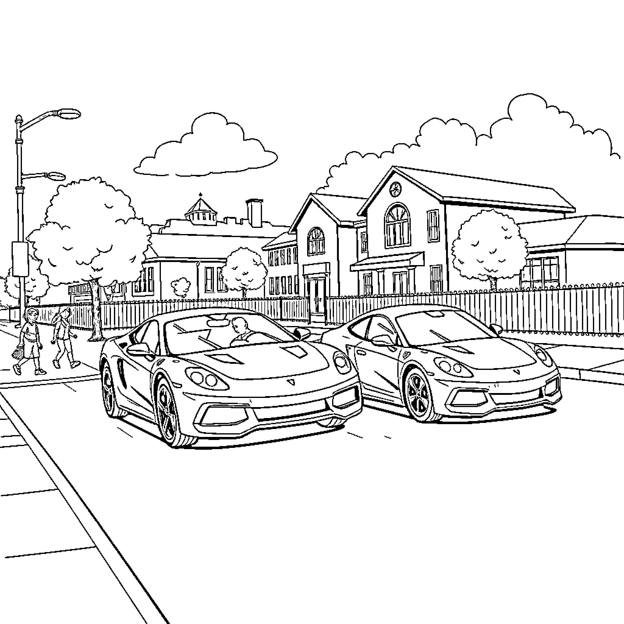 Car enthusiasts enjoy luxury sports cars in town Coloring Page (free black-and-white line drawing printable PDF for all, from beginners to advanced learners, including children, teens, adults, and seniors)