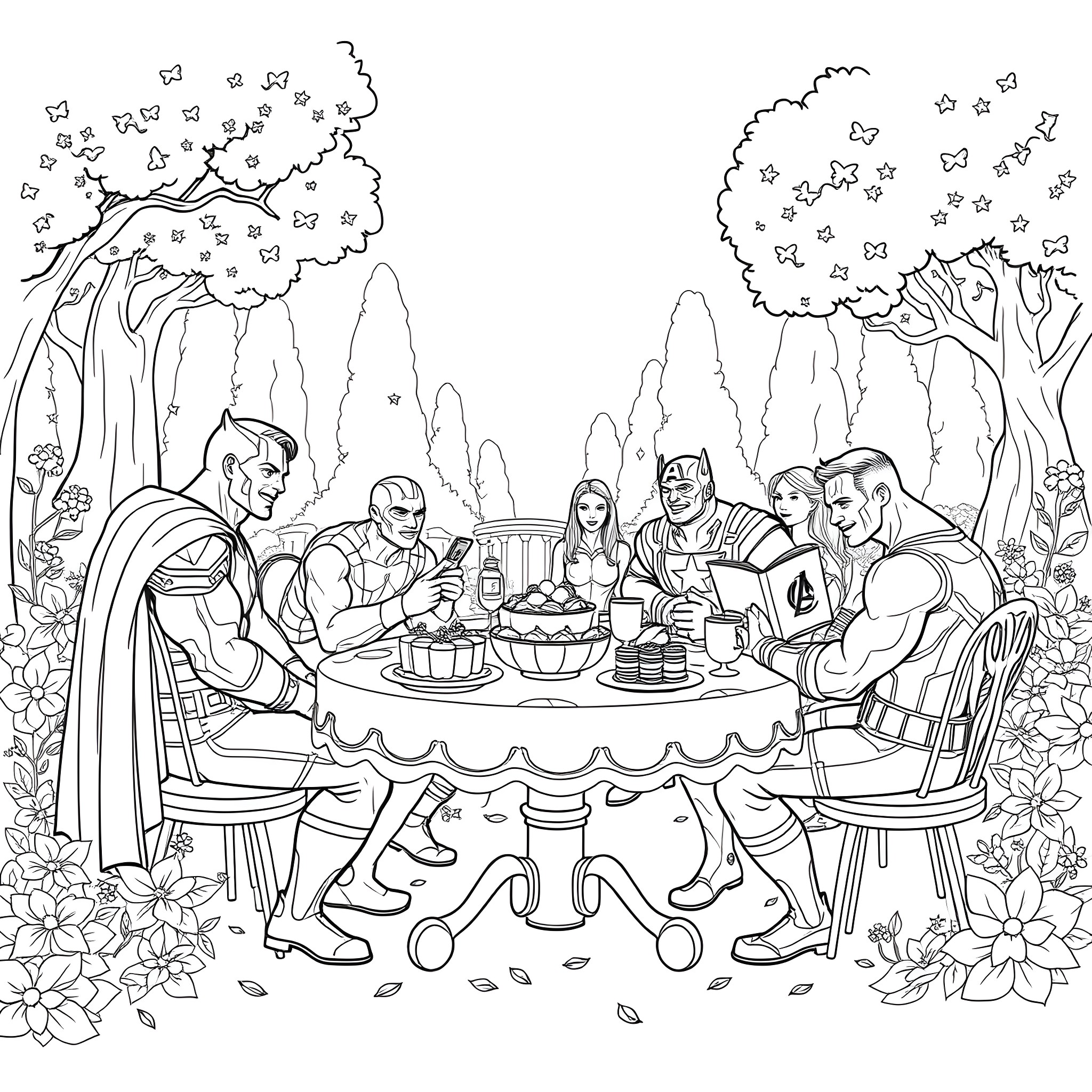 Avengers enjoying a picnic in the forest Coloring Page (free black-and-white line drawing printable PDF for all, from beginners to advanced learners, including children, teens, adults, and seniors)