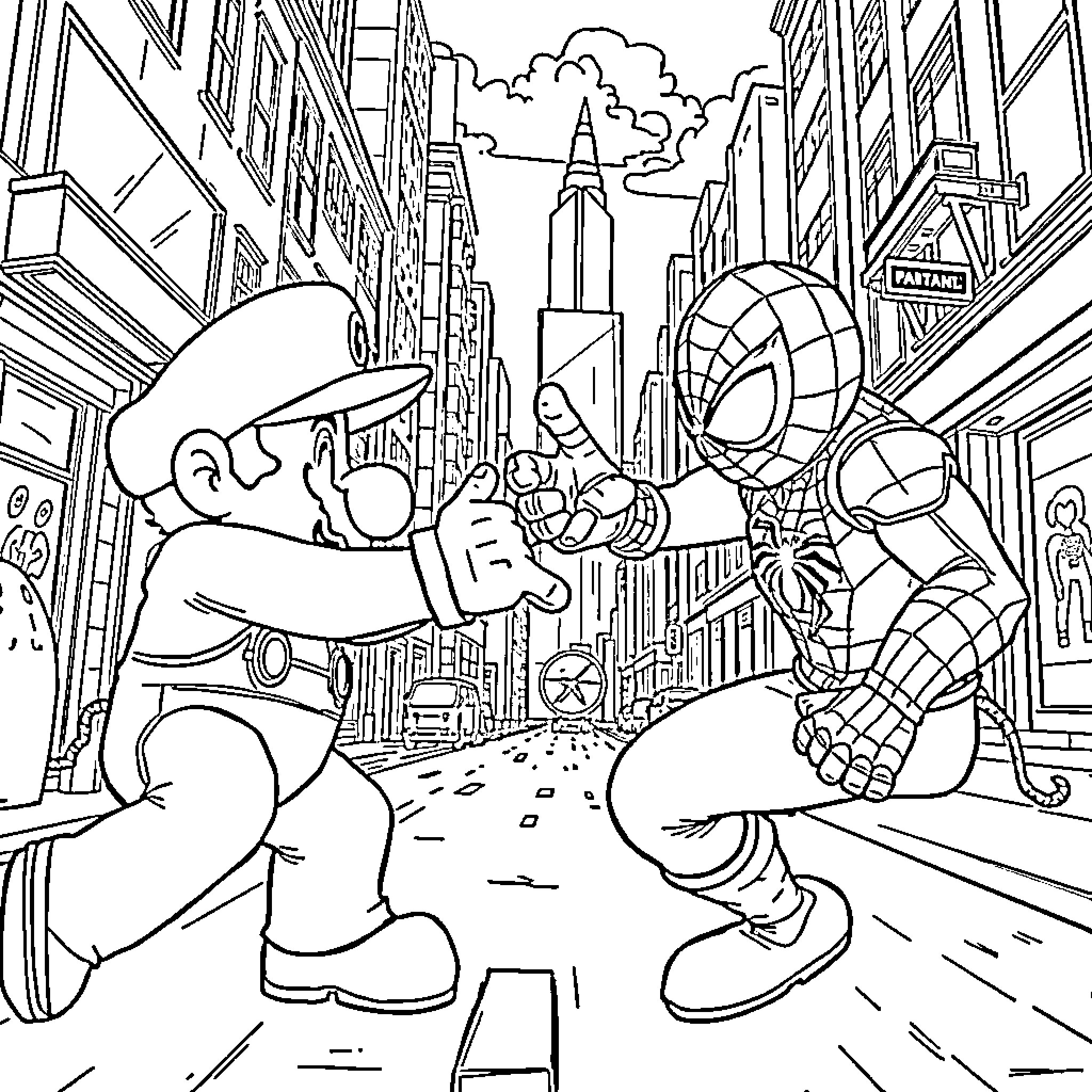 Mario and Spider-Man battling in a city street Coloring Page (free black-and-white line drawing printable PDF for all, from beginners to advanced learners, including children, teens, adults, and seniors)