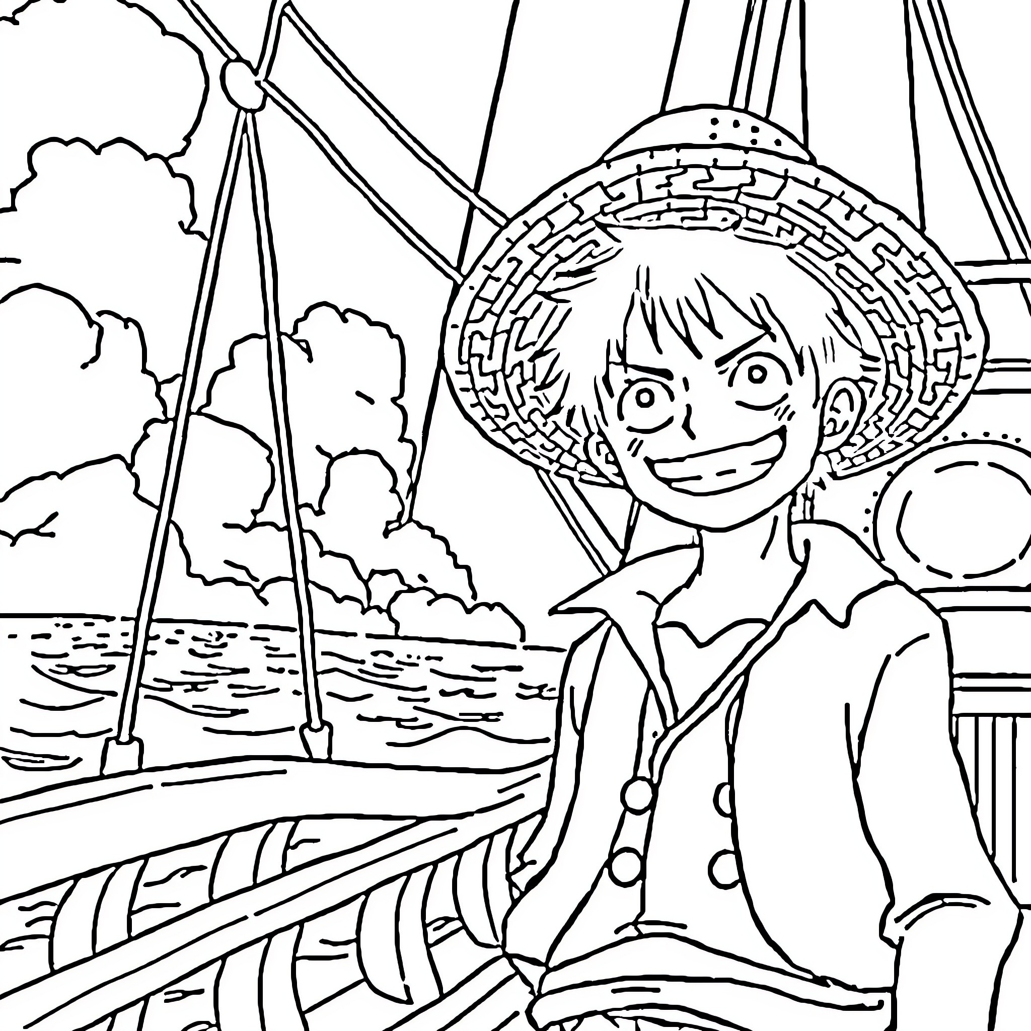Luffy's Seafaring Adventure on the High Seas Coloring Page (free black-and-white line drawing printable PDF for all, from beginners to advanced learners, including children, teens, adults, and seniors)