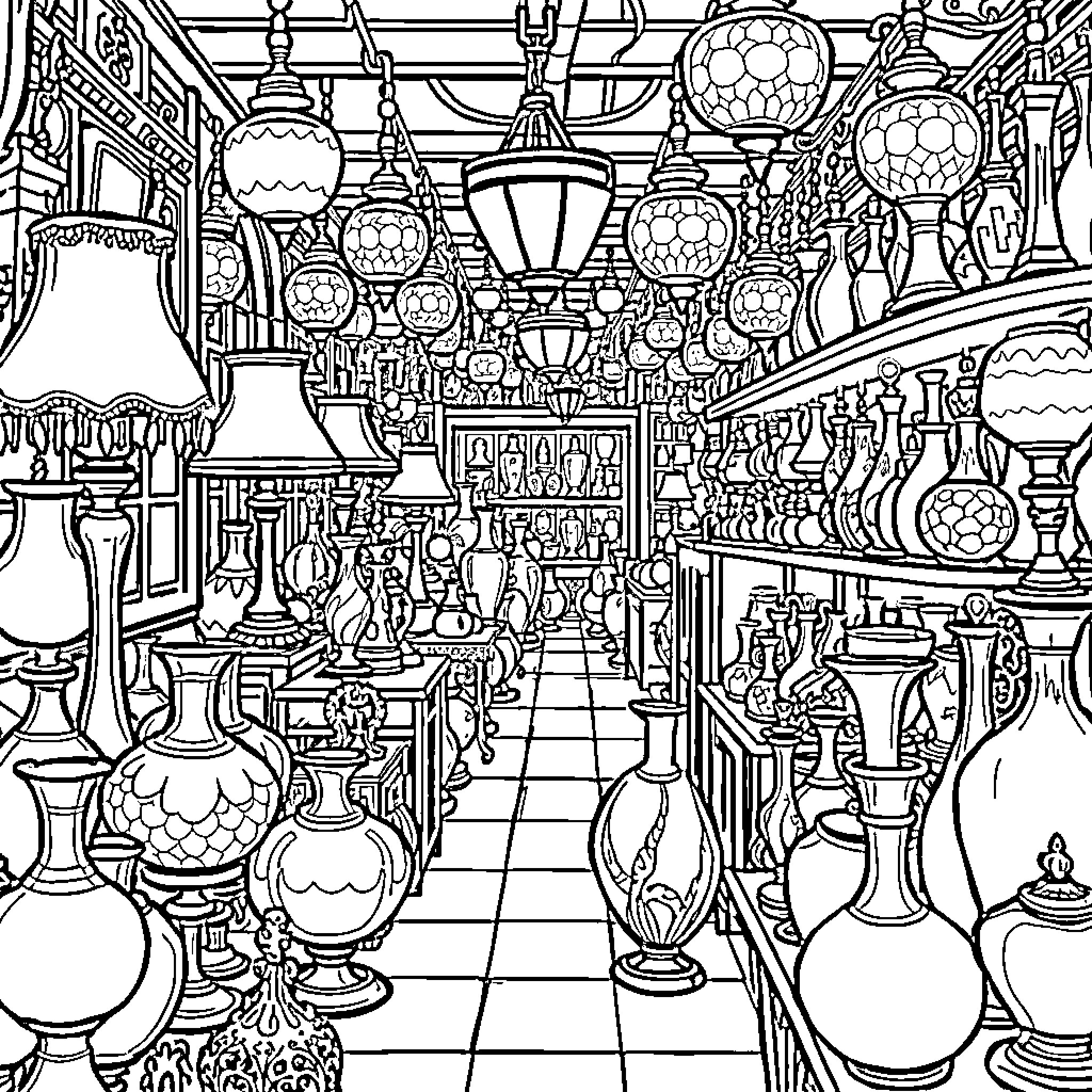 Glass Shop Filled with Ornate Lighting Displays Coloring Page (free black-and-white line drawing printable PDF for all, from beginners to advanced learners, including children, teens, adults, and seniors)