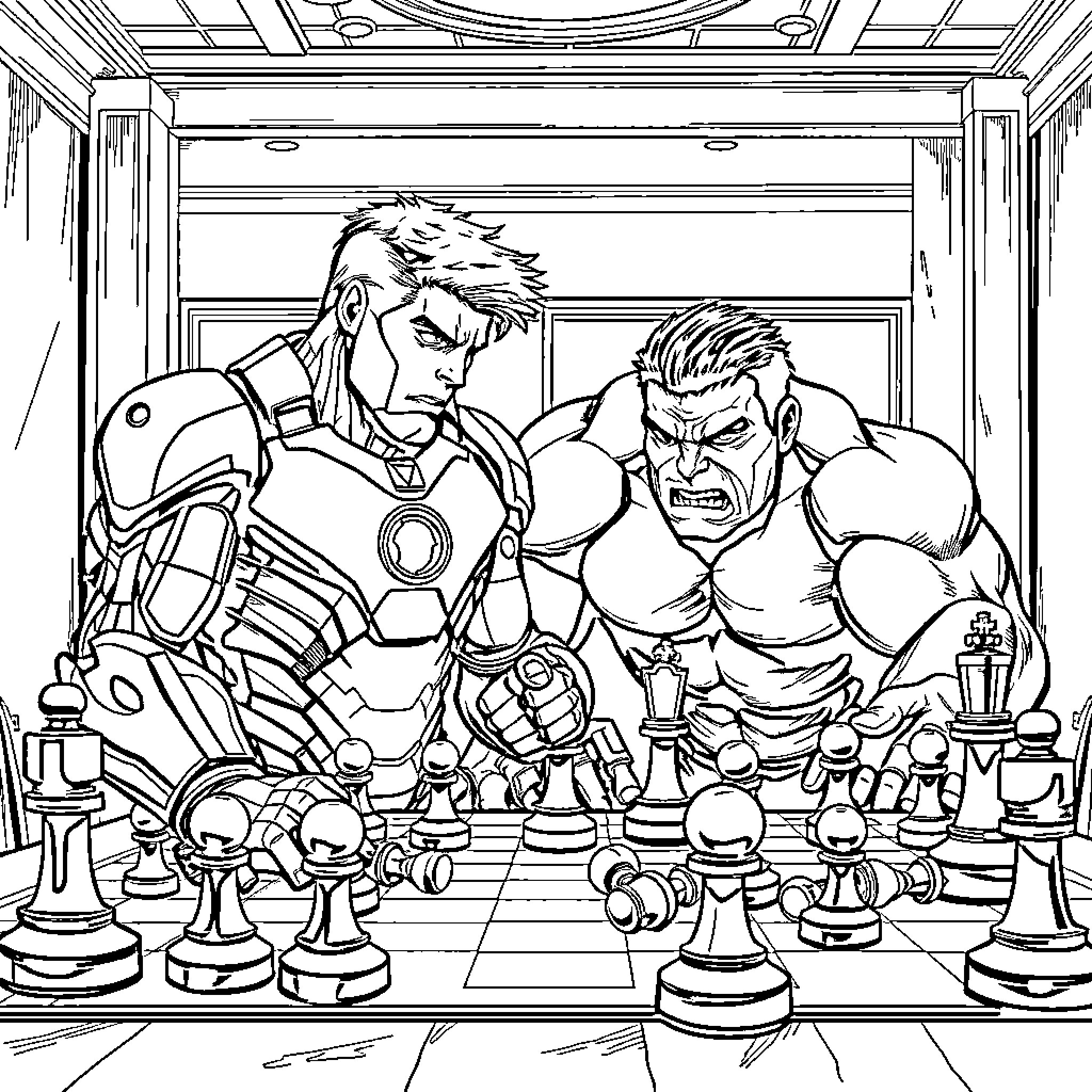 Iron Man and The Hulk playing chess in a high-tech room Coloring Page (free black-and-white line drawing printable PDF for all, from beginners to advanced learners, including children, teens, adults, and seniors)