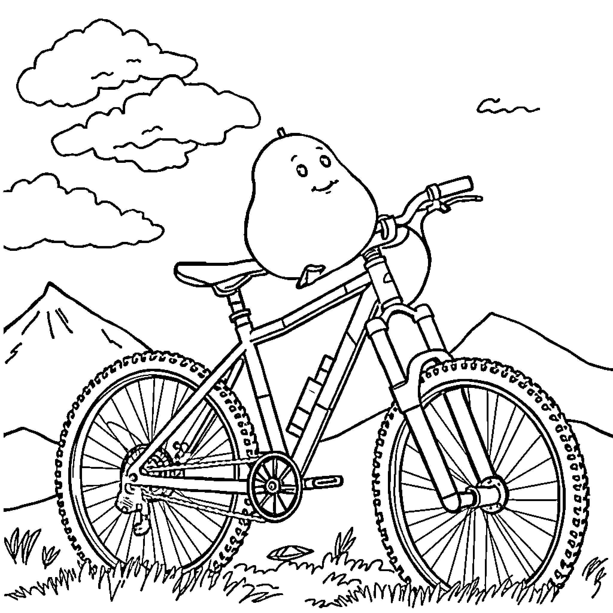 Potato on a bicycle enjoying the outdoors Coloring Page (free black-and-white line drawing printable PDF for all, from beginners to advanced learners, including children, teens, adults, and seniors)