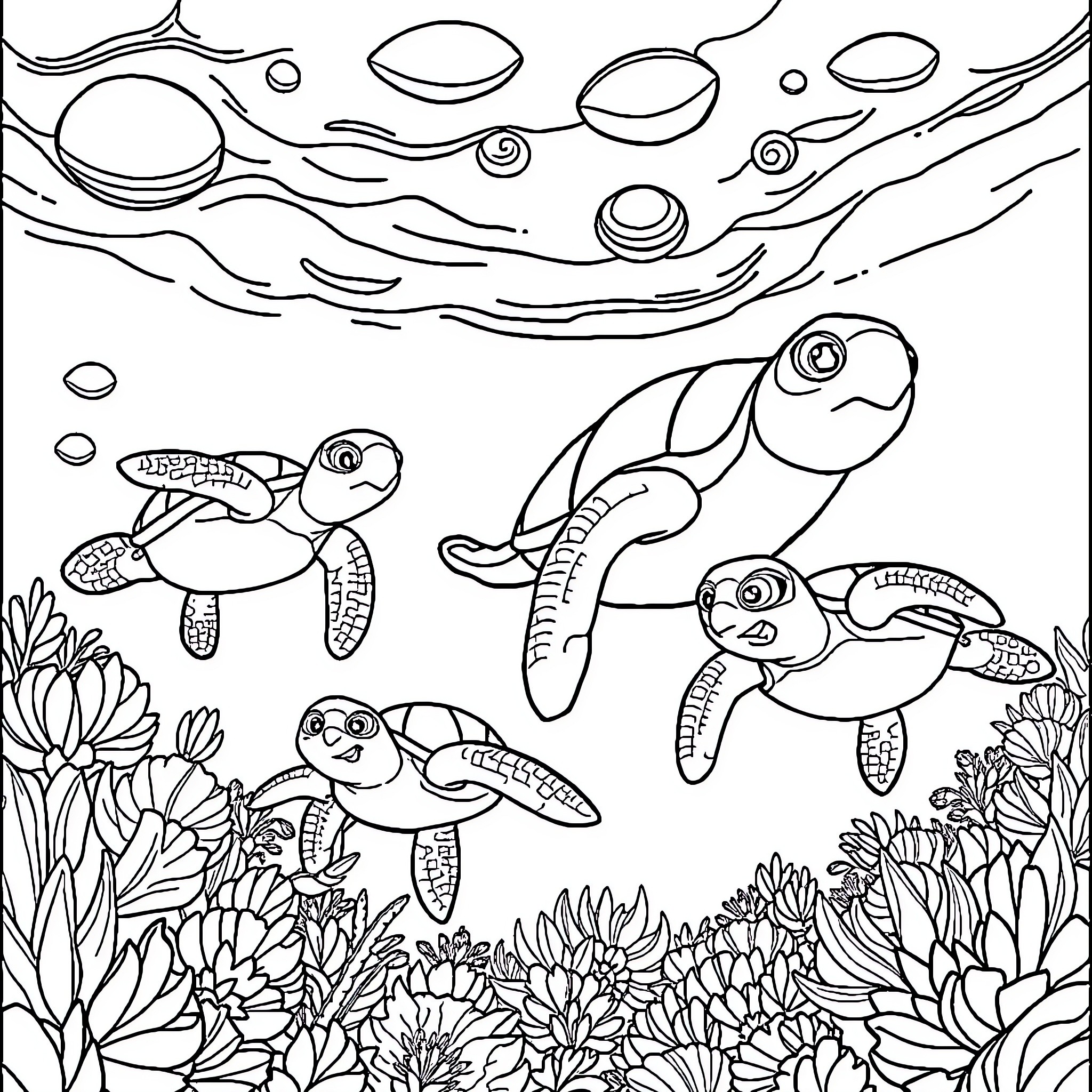 Turtle friends swimming in a colorful underwater scene Coloring Page (free black-and-white line drawing printable PDF for all, from beginners to advanced learners, including children, teens, adults, and seniors)