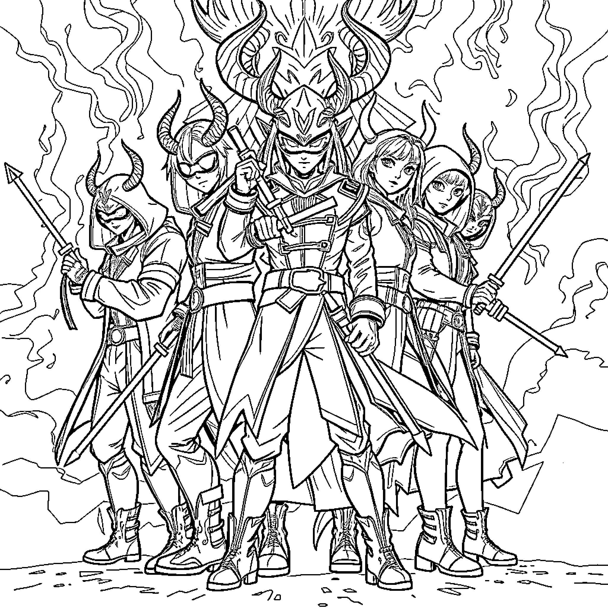 Demon Hunters in Epic Warrior Pose Coloring Page (free black-and-white line drawing printable PDF for all, from beginners to advanced learners, including children, teens, adults, and seniors)