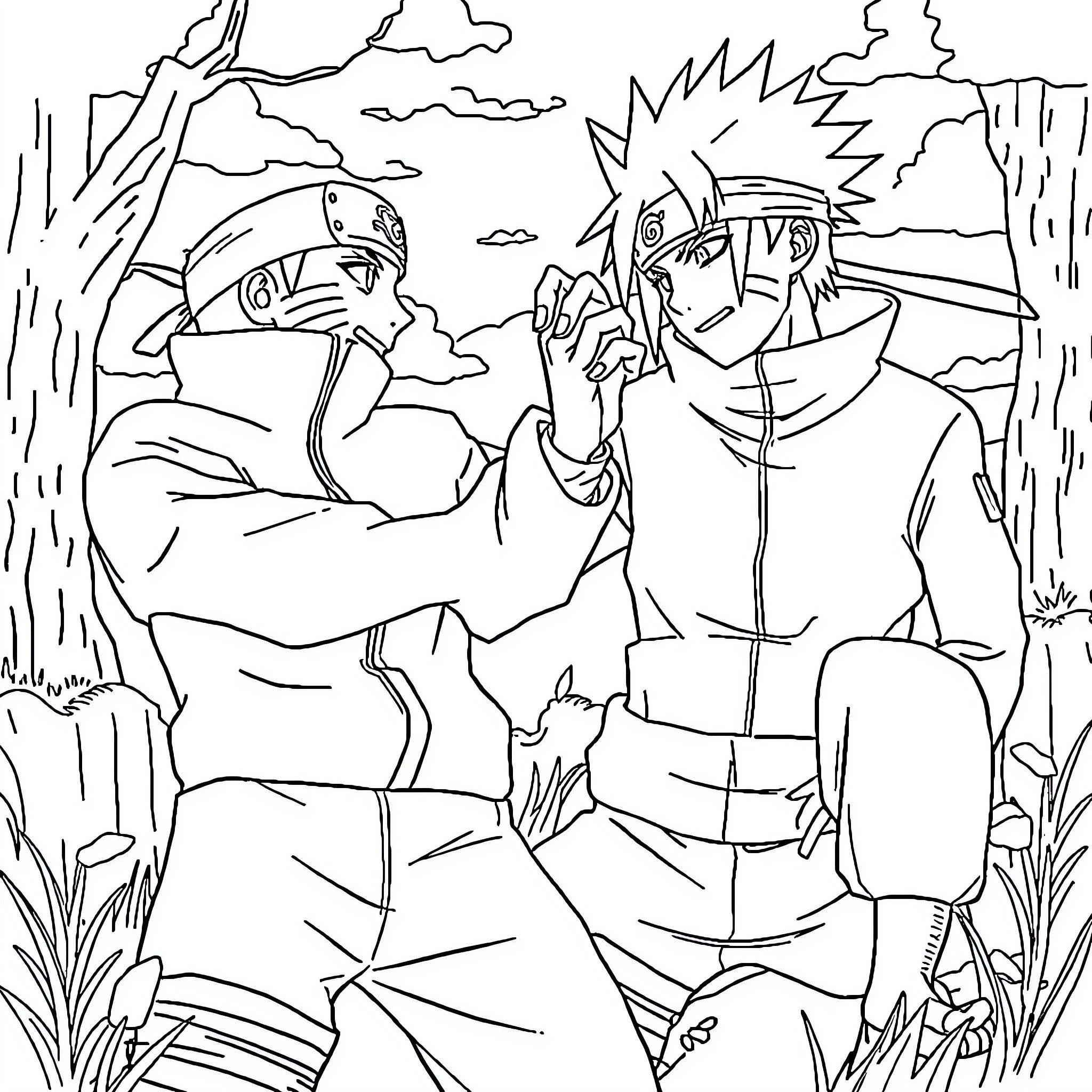 Naruto characters in intense battle with nature backdrop Coloring Page (free black-and-white line drawing printable PDF for all, from beginners to advanced learners, including children, teens, adults, and seniors)