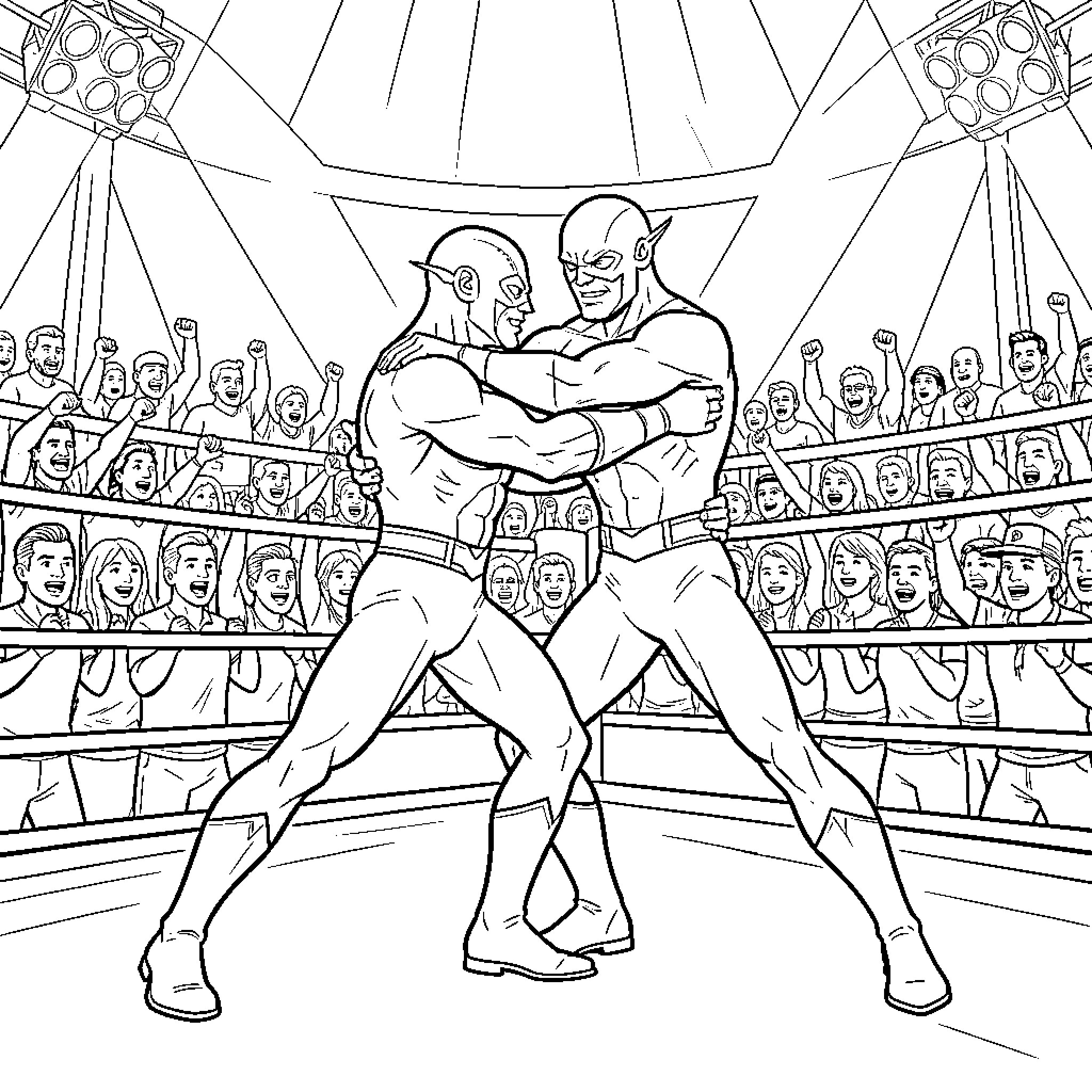 Flash of Wrestling Showdown in the Arena Coloring Page (free black-and-white line drawing printable PDF for all, from beginners to advanced learners, including children, teens, adults, and seniors)