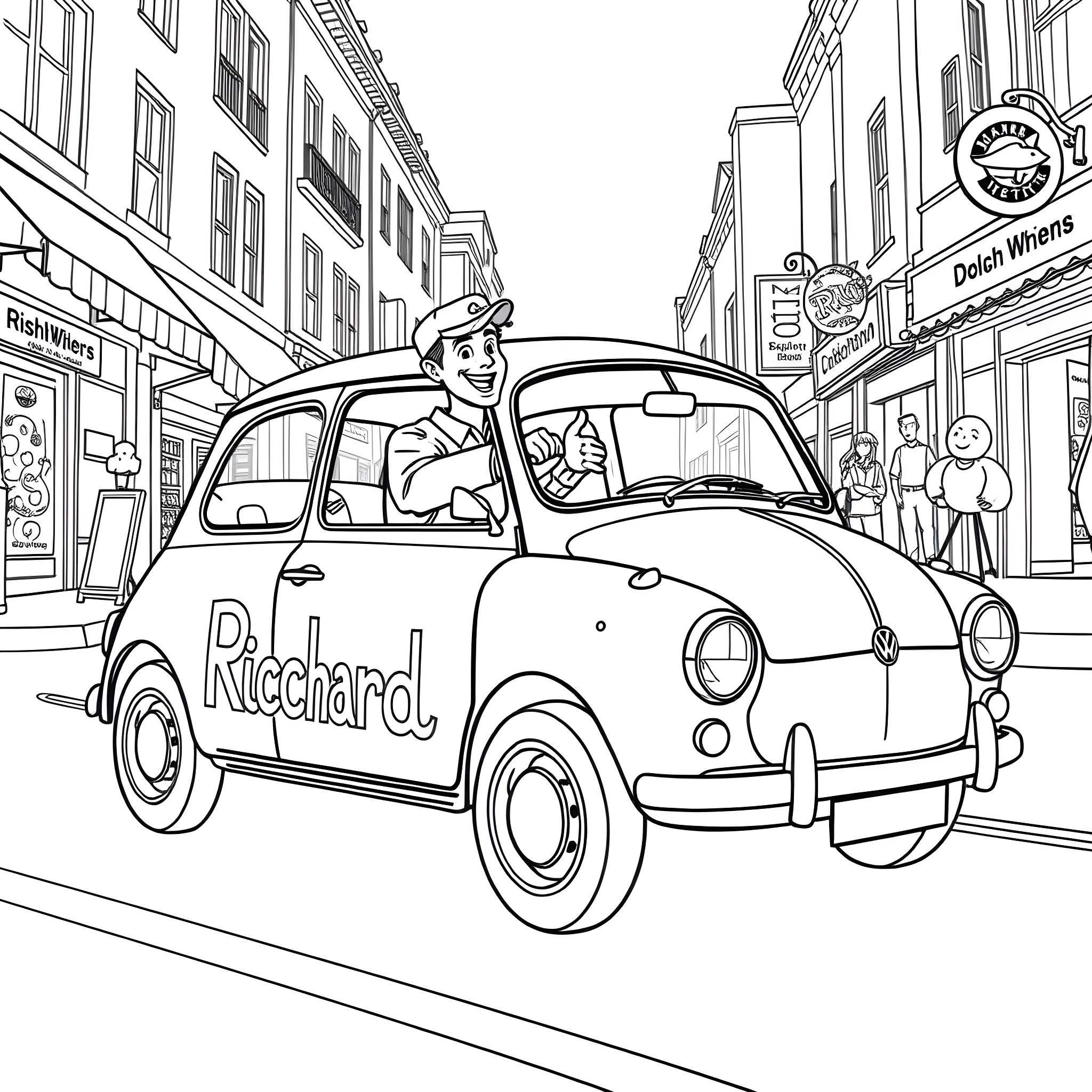 Man driving vintage car on city street Coloring Page (free black-and-white line drawing printable PDF for all, from beginners to advanced learners, including children, teens, adults, and seniors)
