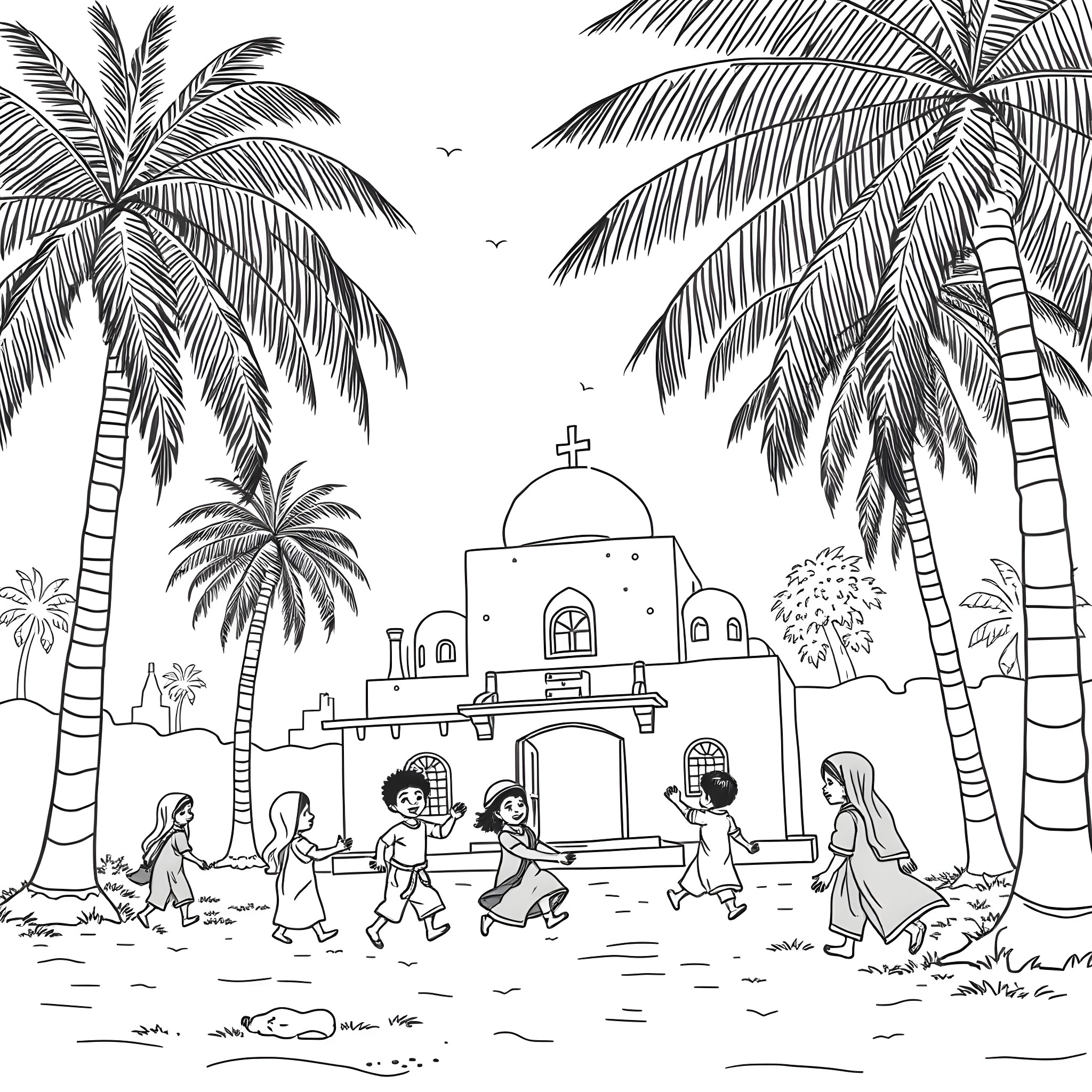 Child playing happily with friends in a tropical village Coloring Page (free black-and-white line drawing printable PDF for all, from beginners to advanced learners, including children, teens, adults, and seniors)
