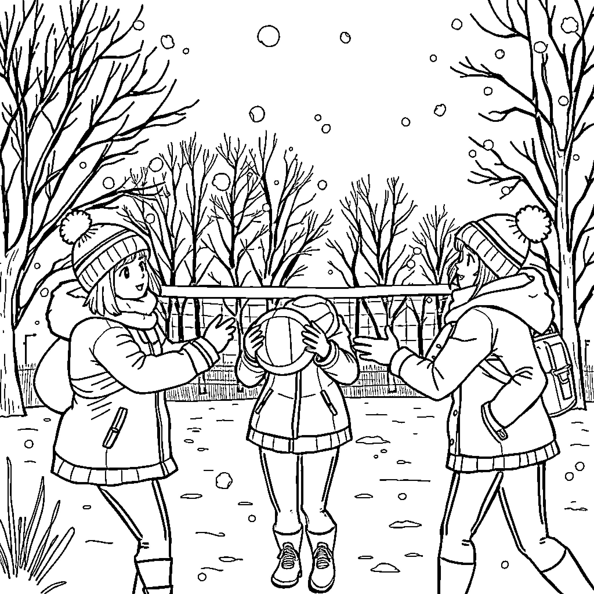 Girl playing in the snowy winter wonderland with friends Coloring Page (free black-and-white line drawing printable PDF for all, from beginners to advanced learners, including children, teens, adults, and seniors)