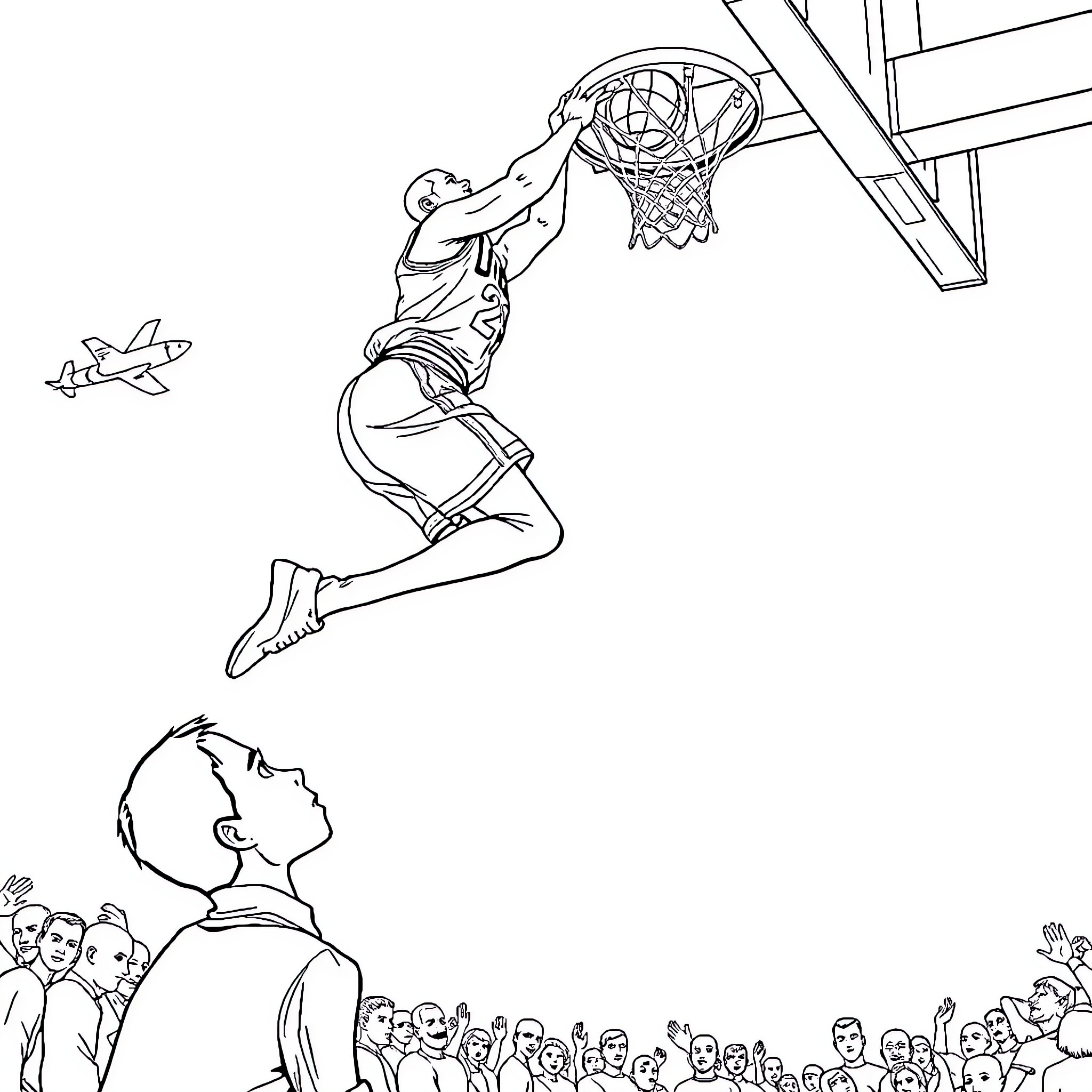 Michael Jordan dunking the basketball in a game Coloring Page (free black-and-white line drawing printable PDF for all, from beginners to advanced learners, including children, teens, adults, and seniors)
