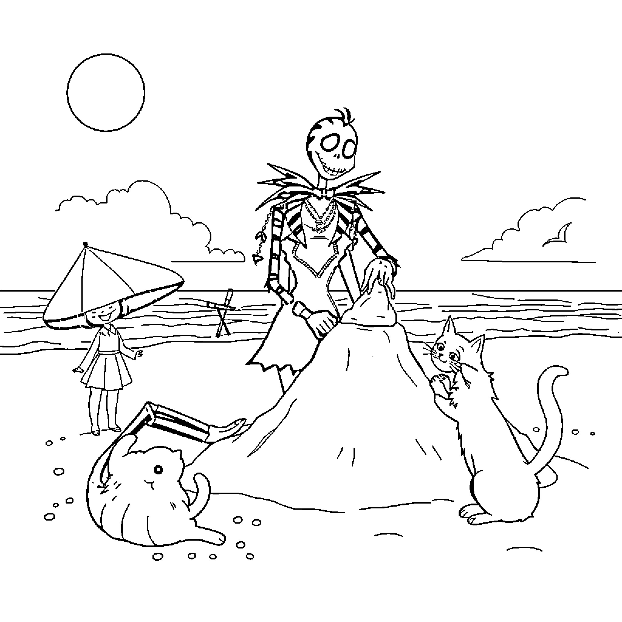 Beetlejuice's bizarre beachside antics with companions Coloring Page (free black-and-white line drawing printable PDF for all, from beginners to advanced learners, including children, teens, adults, and seniors)