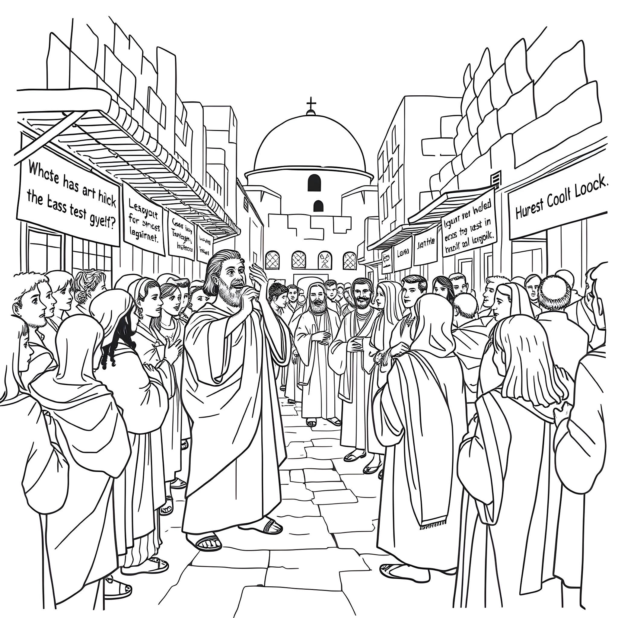 Disciple Gathering in the Bustling City Streets Coloring Page (free black-and-white line drawing printable PDF for all, from beginners to advanced learners, including children, teens, adults, and seniors)