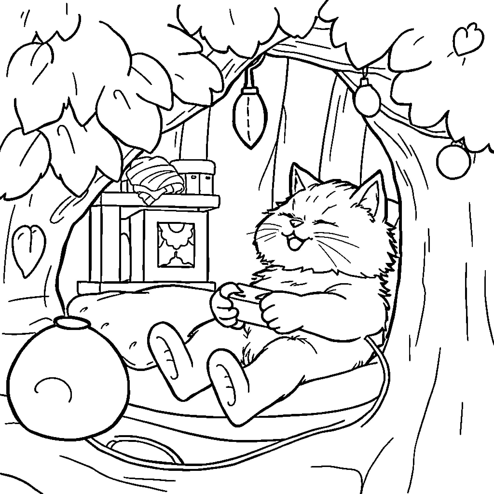 Cat resting comfortably in a cozy outdoor scene Coloring Page (free black-and-white line drawing printable PDF for all, from beginners to advanced learners, including children, teens, adults, and seniors)