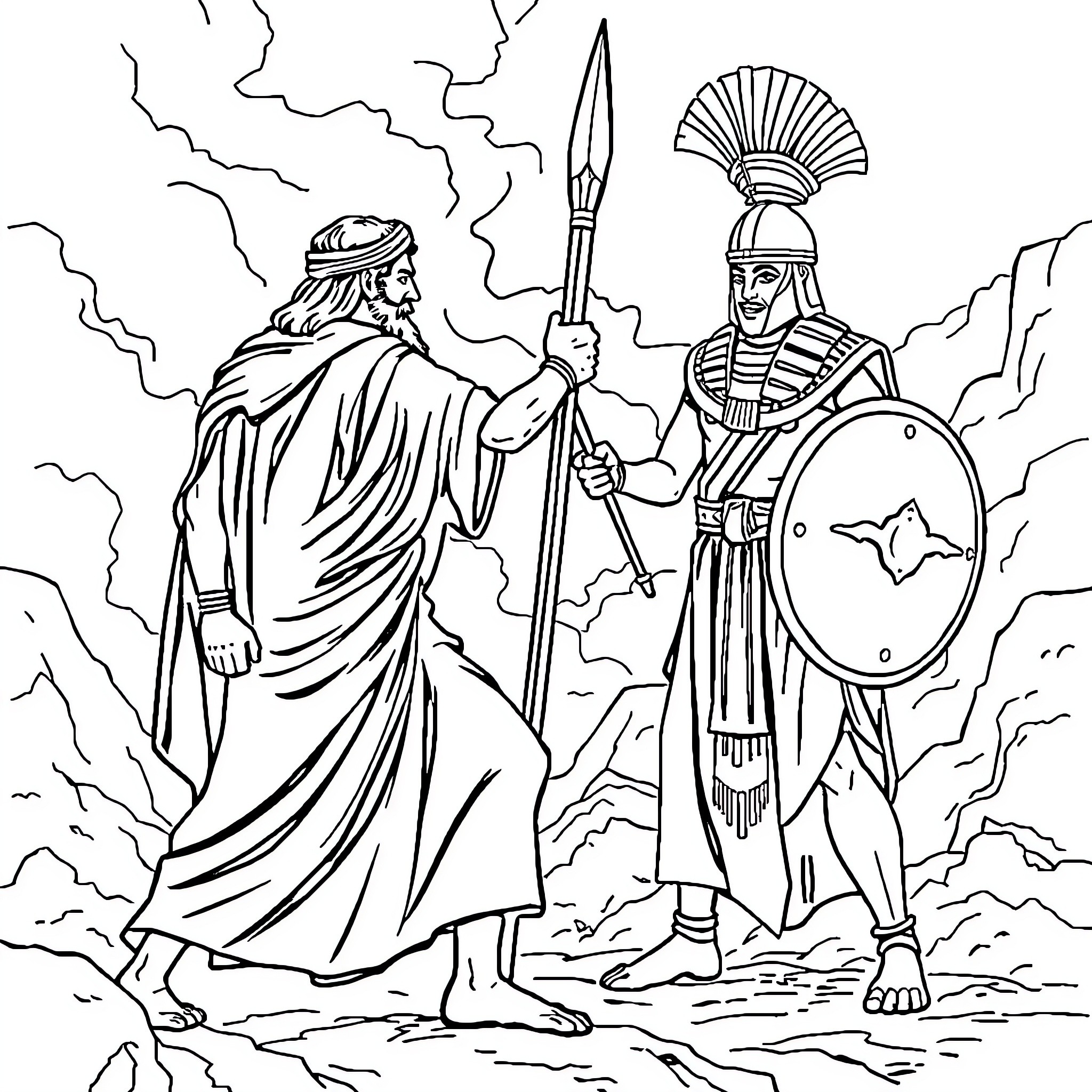 Moses Confronting Egyptian Warrior in Dramatic Scene Coloring Page (free black-and-white line drawing printable PDF for all, from beginners to advanced learners, including children, teens, adults, and seniors)