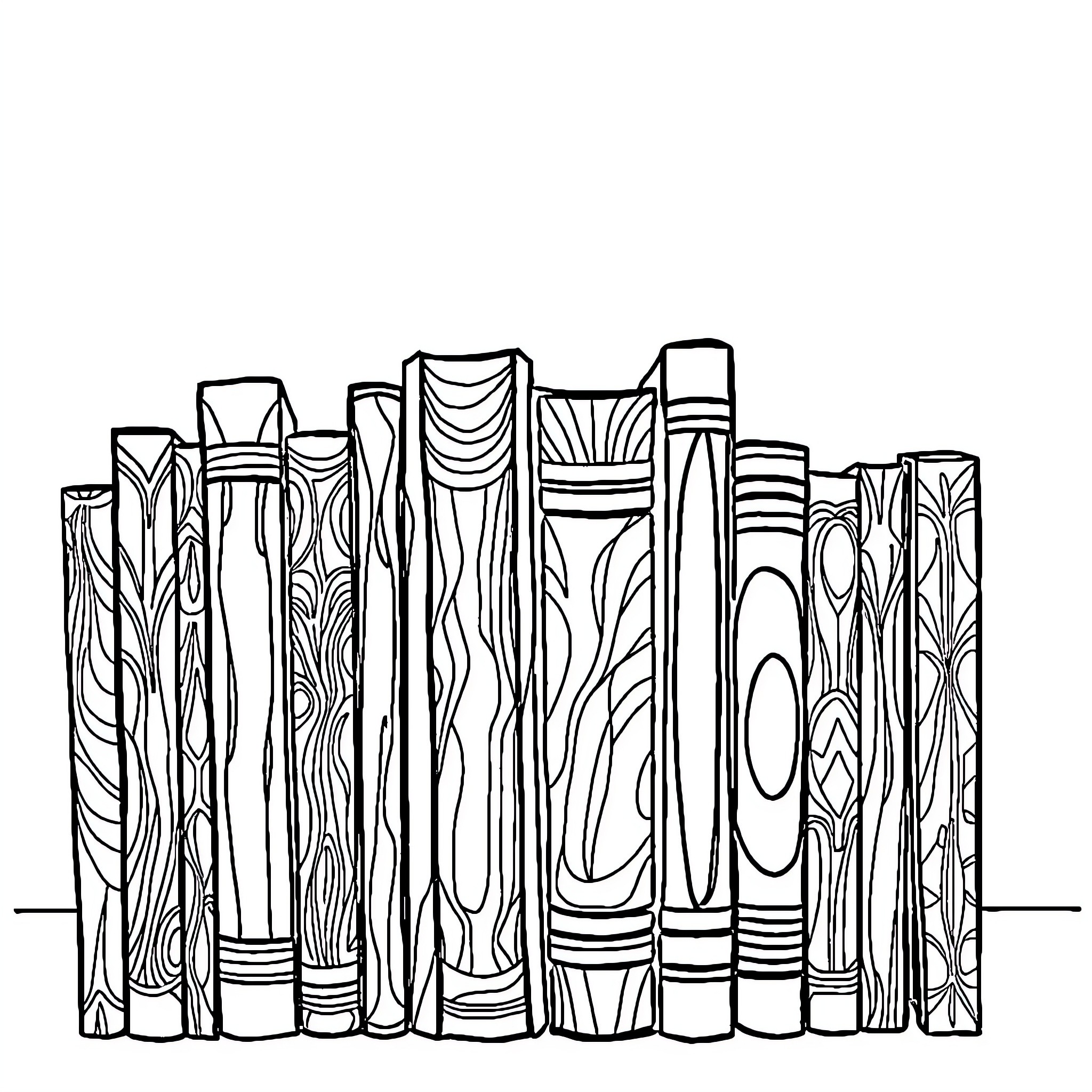 Book spines lining up on a shelf Coloring Page (free black-and-white line drawing printable PDF for all, from beginners to advanced learners, including children, teens, adults, and seniors)