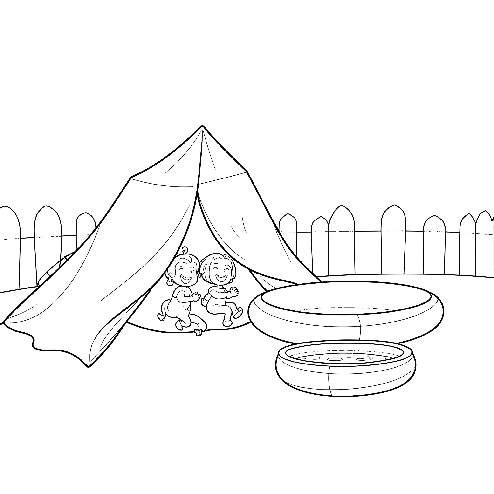 Bluey playing with friends in the backyard camp Coloring Page (free black-and-white line drawing printable PDF for all, from beginners to advanced learners, including children, teens, adults, and seniors)