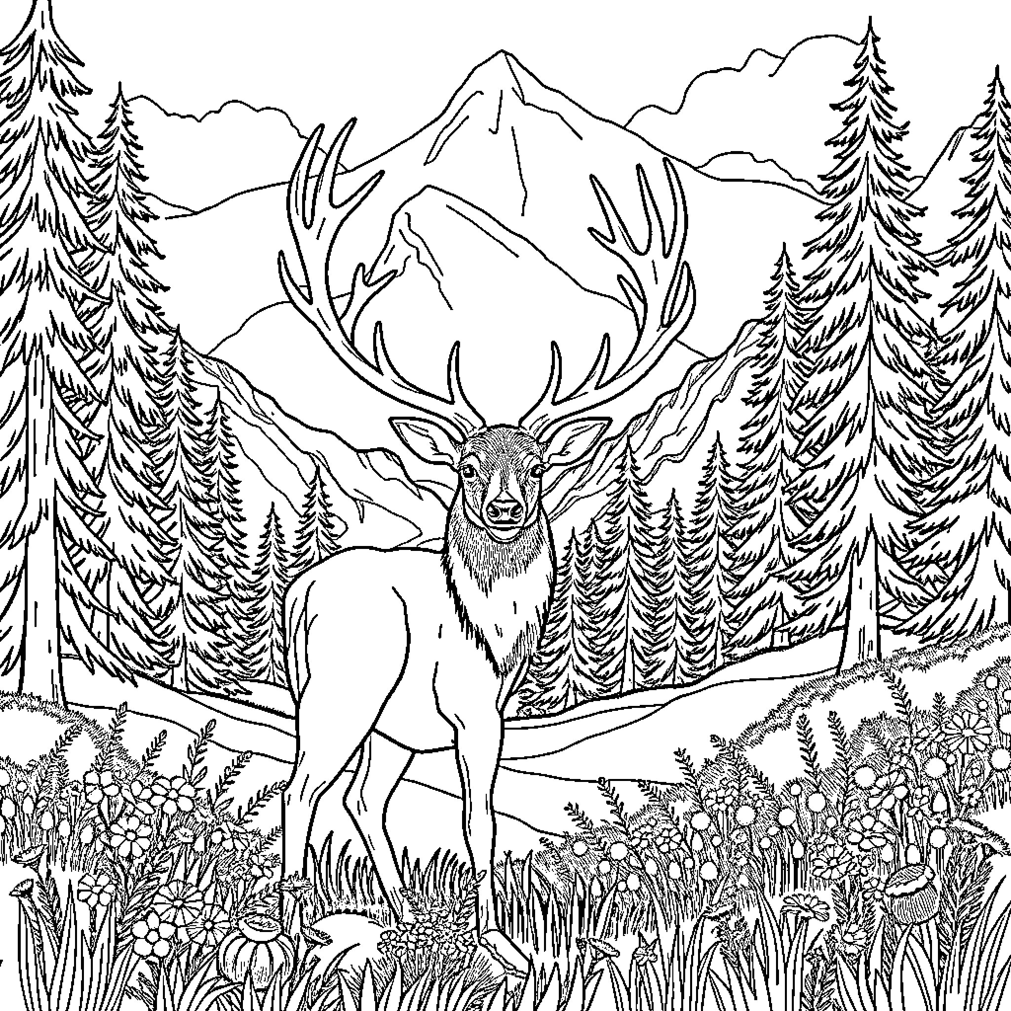 Elk standing majestically in a mountain landscape Coloring Page (free black-and-white line drawing printable PDF for all, from beginners to advanced learners, including children, teens, adults, and seniors)