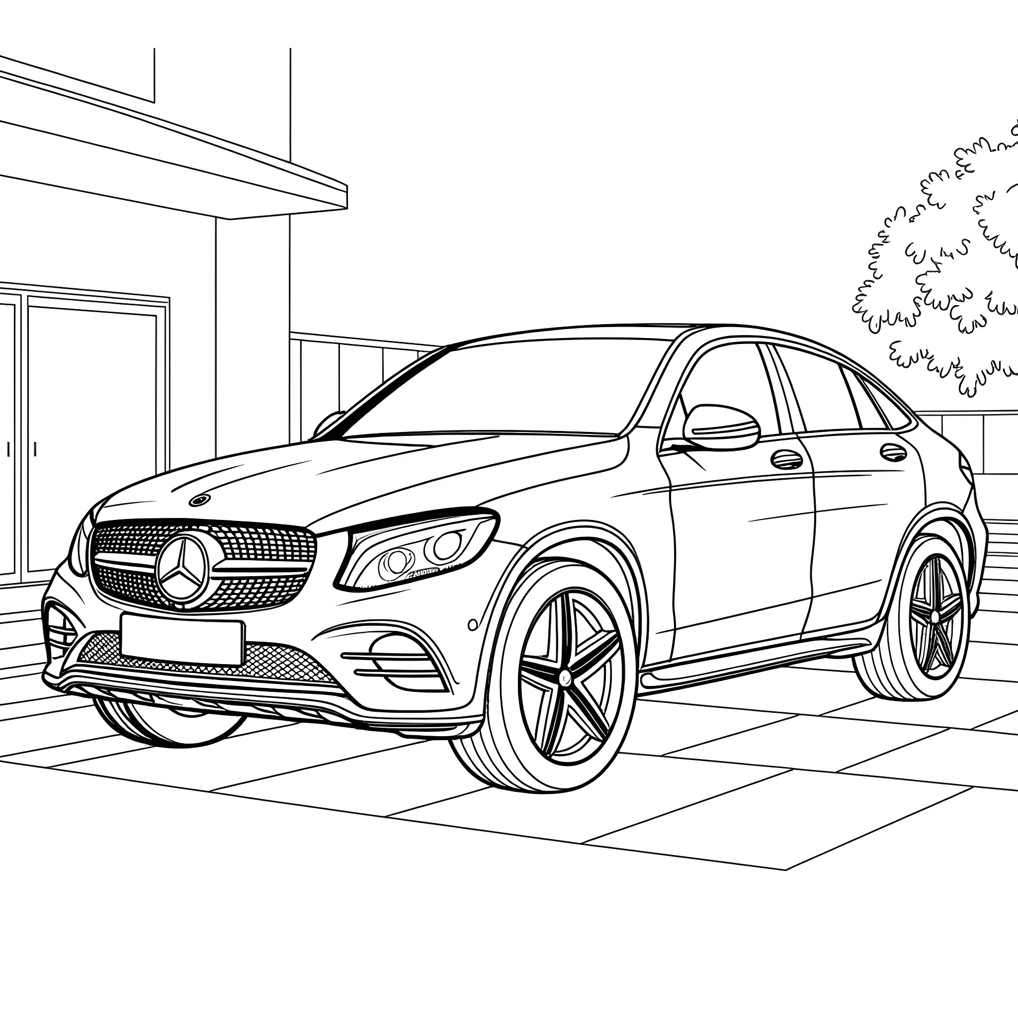 GLC 43 Coupe parked in a garage Coloring Page (free black-and-white line drawing printable PDF for all, from beginners to advanced learners, including children, teens, adults, and seniors)