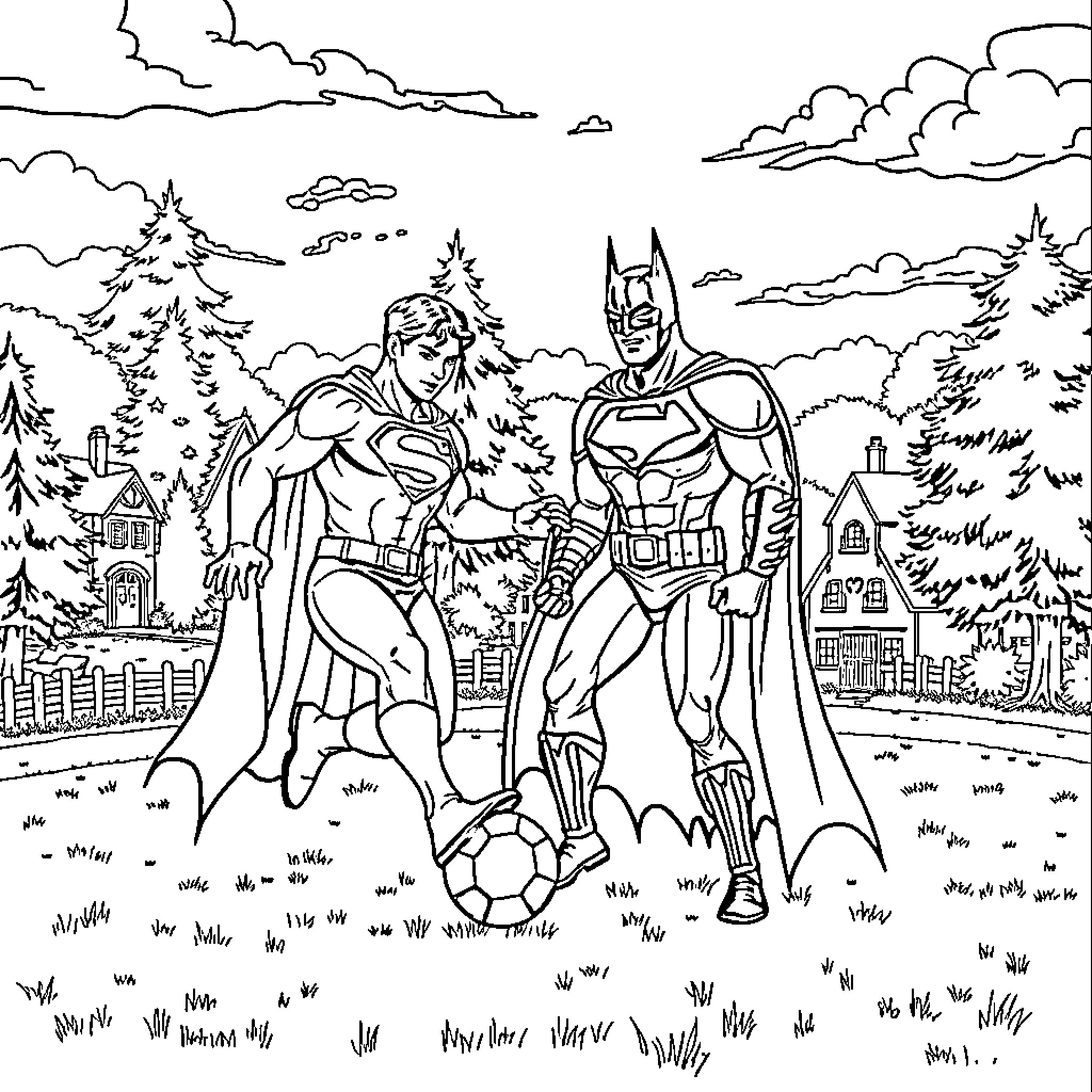 Superman and Batman in heroic pose outdoors Coloring Page (free black-and-white line drawing printable PDF for all, from beginners to advanced learners, including children, teens, adults, and seniors)