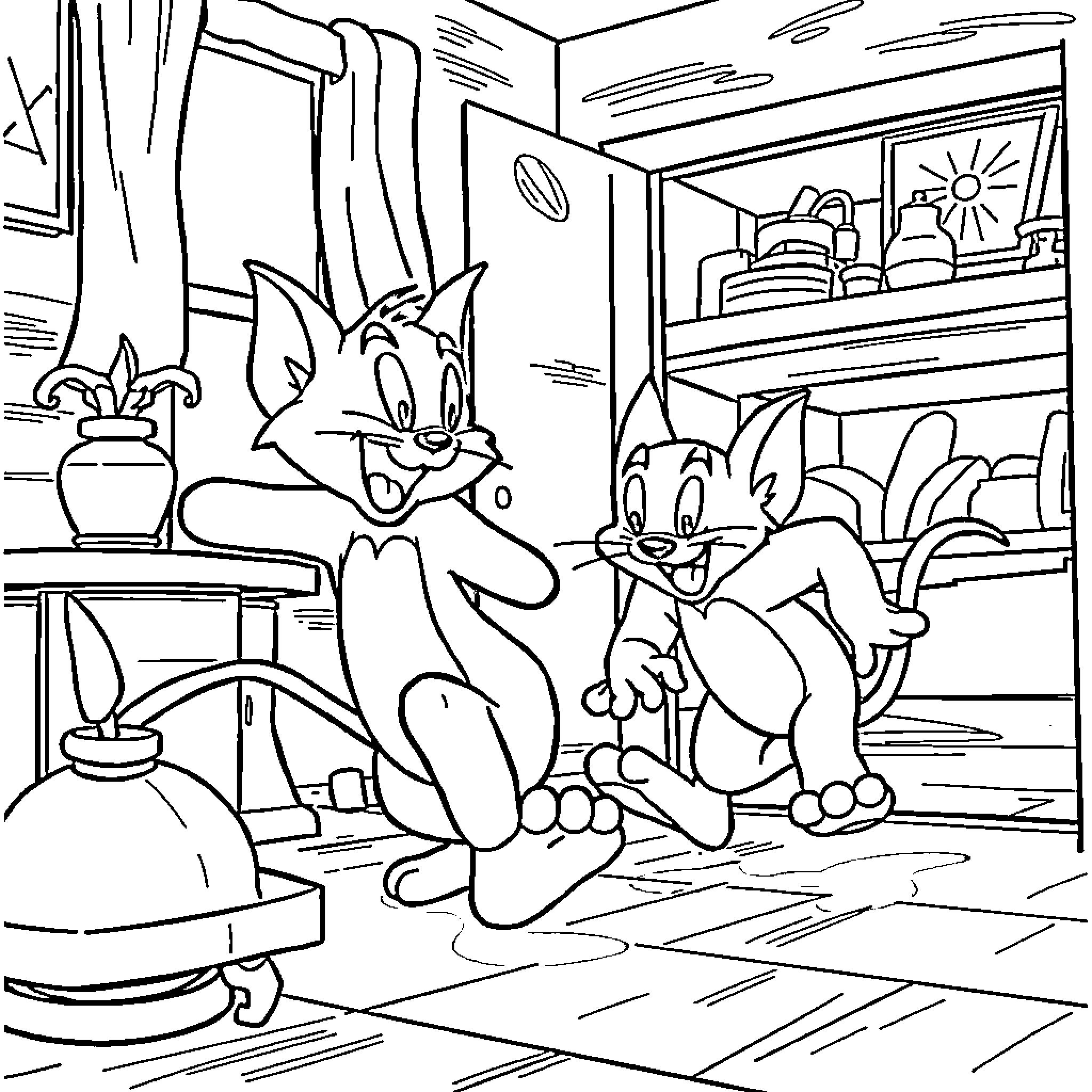Tom and Jerry's Comical Antics in the Kitchen Coloring Page (free black-and-white line drawing printable PDF for all, from beginners to advanced learners, including children, teens, adults, and seniors)