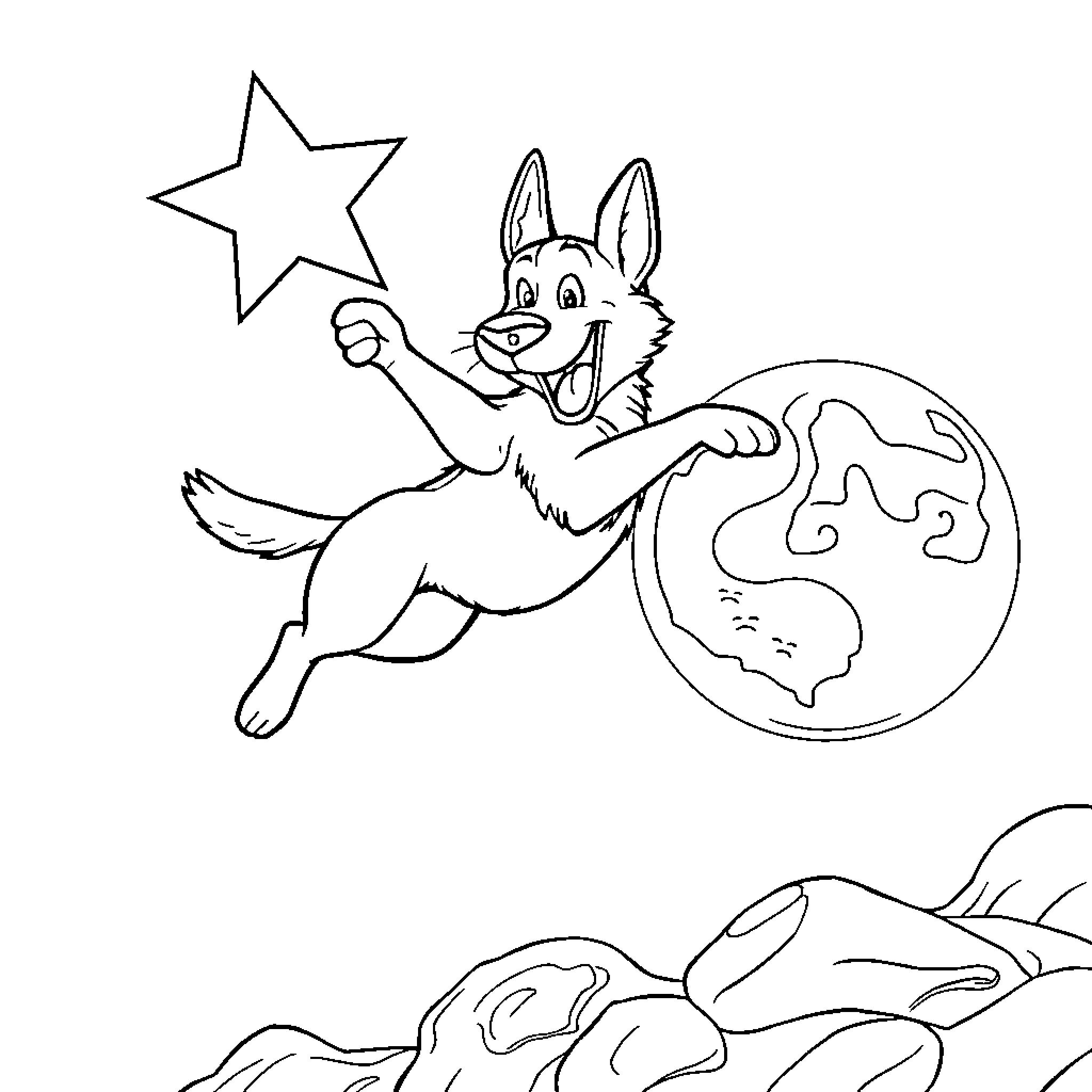 German Shepherd jumping happily with a star Coloring Page (free black-and-white line drawing printable PDF for all, from beginners to advanced learners, including children, teens, adults, and seniors)